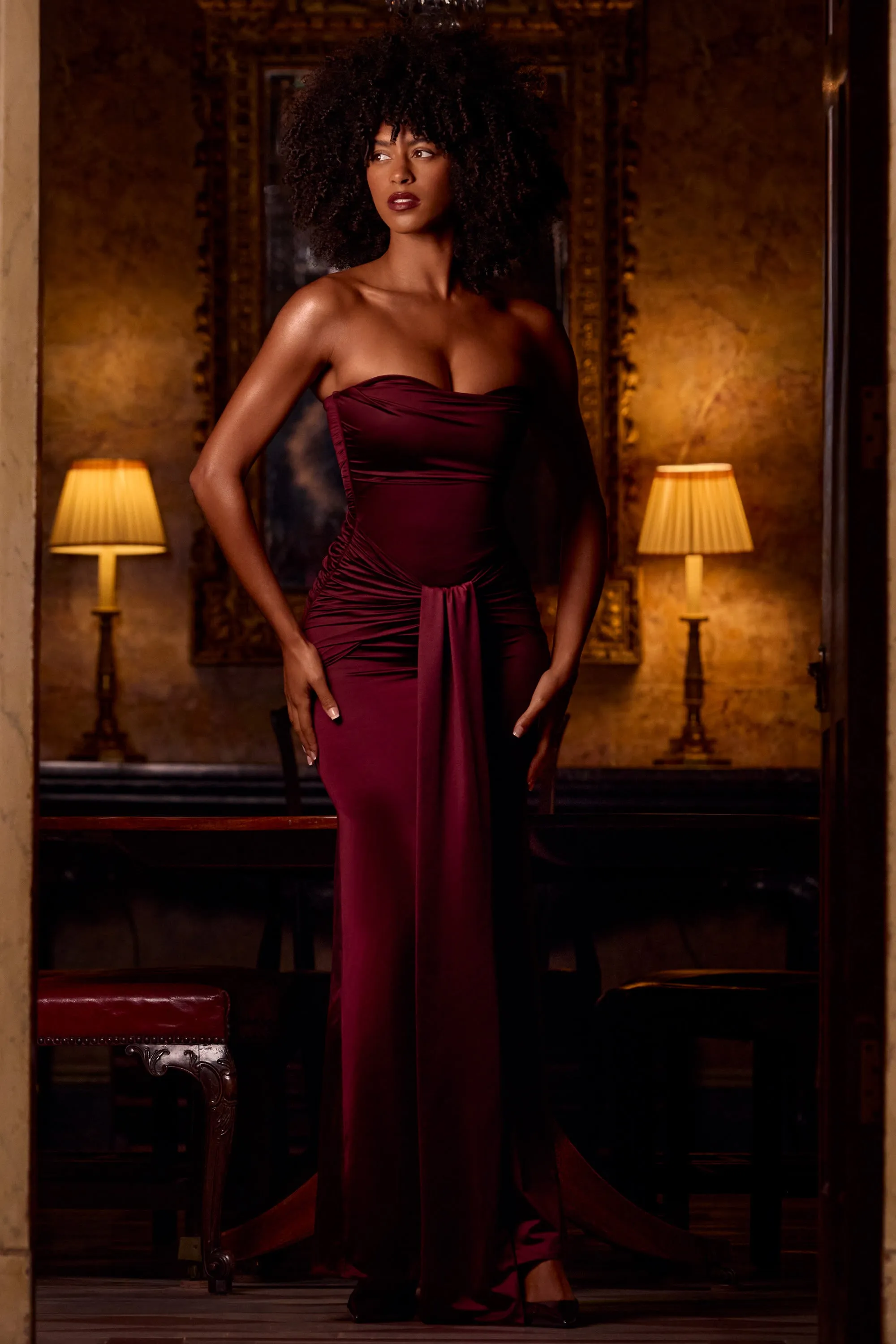 Satin Peekaboo Bandeau Draped Gown in Wine Red sold by Oh Polly product image thumbnail 2