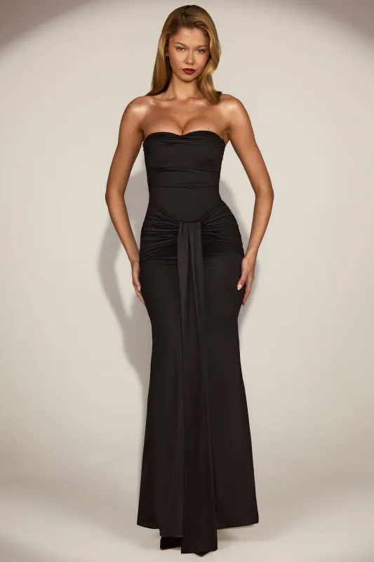 Satin Peekaboo Bandeau Draped Gown in Black sold by Oh Polly