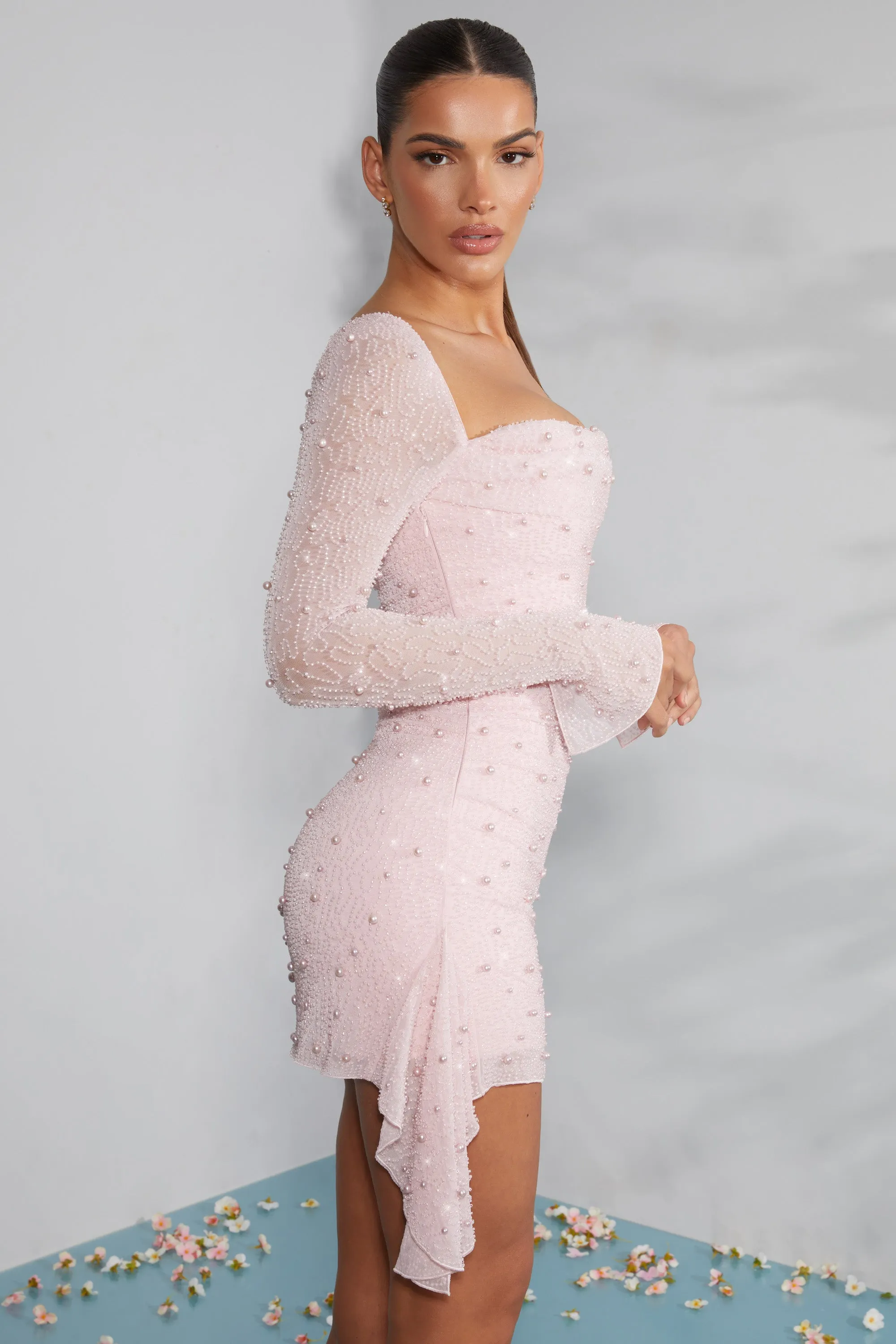Long Sleeve Embellished Cowl Neck Mini Dress in Blush sold by Oh Polly product image thumbnail 3