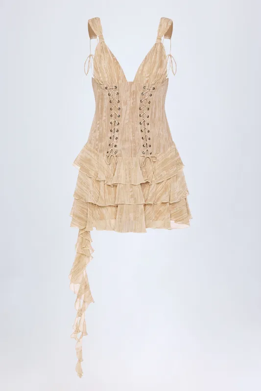 Lace-Up Ruffled Tiered Mini Dress in Tan Print sold by Oh Polly