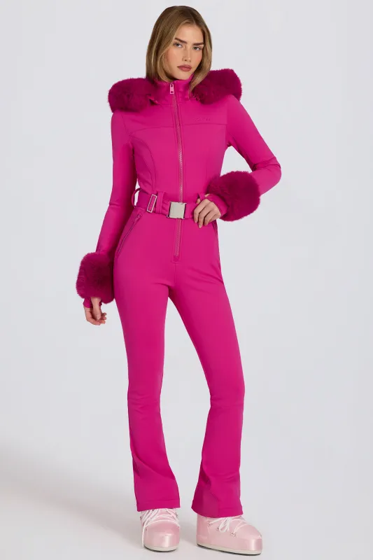 Waterproof Faux-Fur Hood Fitted Ski Suit in Magenta Pink sold by Oh Polly