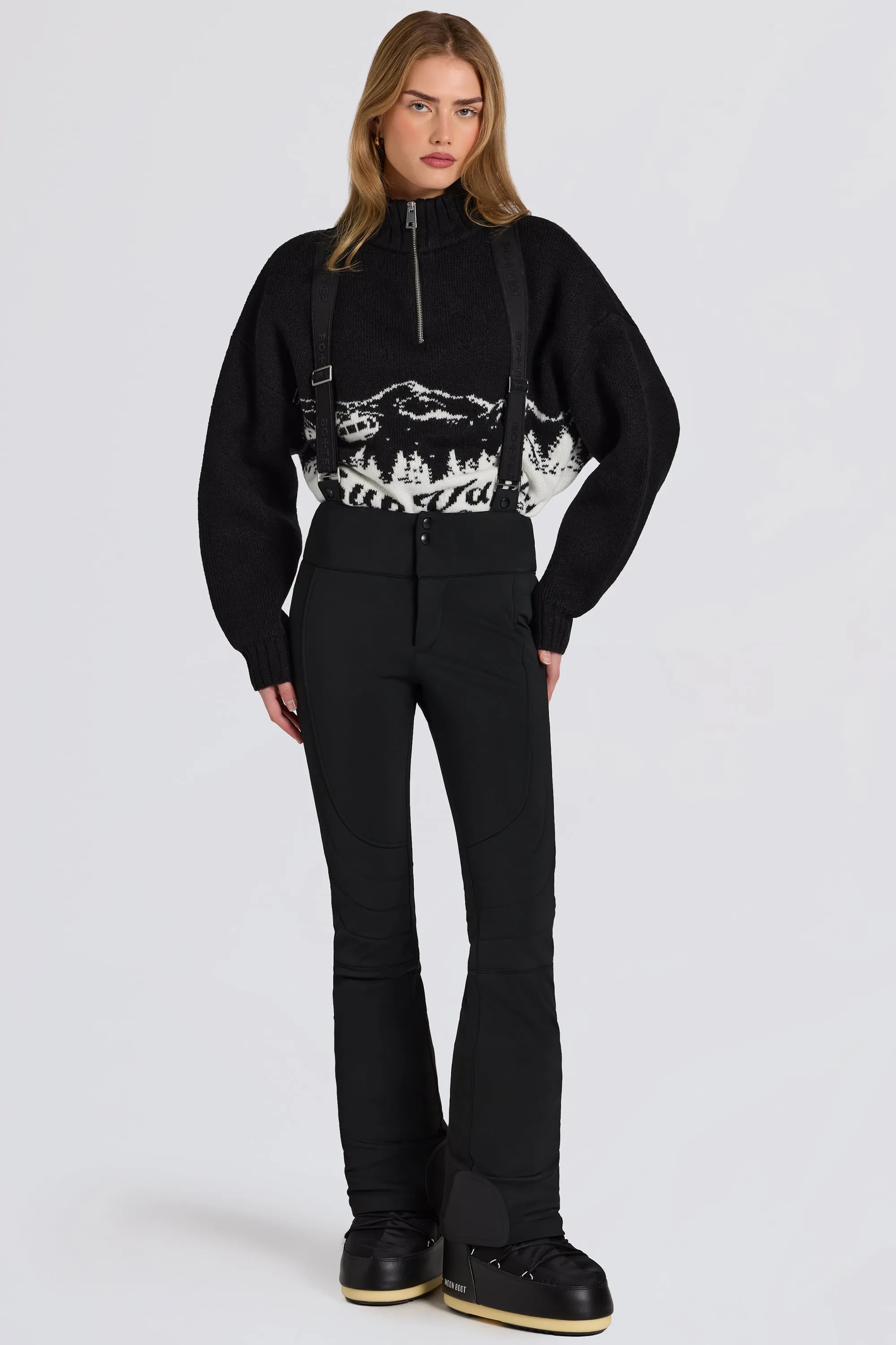 Waterproof High-Rise Salopettes with Suspenders in Black sold by Oh Polly