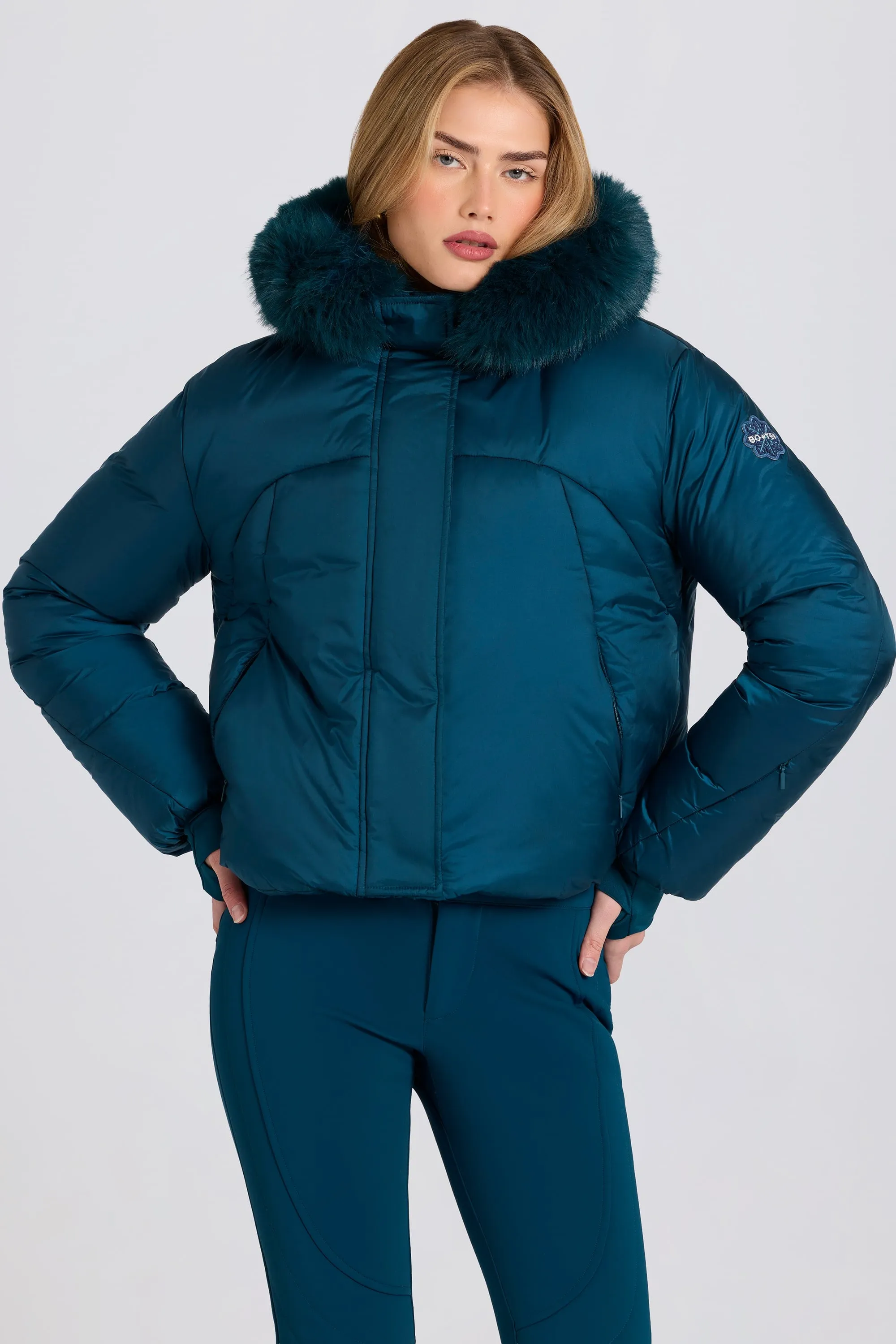 Waterproof Faux-Fur Hood Cropped Ski Jacket in Teal sold by Oh Polly product image thumbnail 3