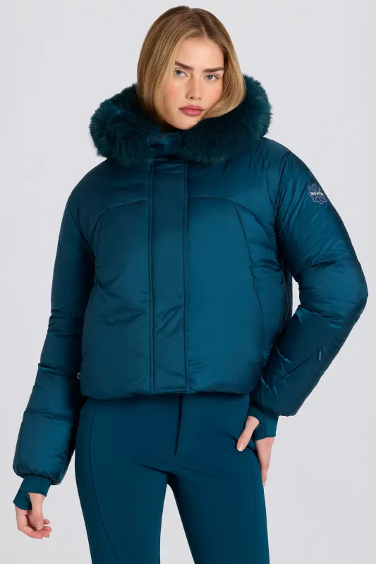 Waterproof Faux-Fur Hood Cropped Ski Jacket in Teal sold by Oh Polly