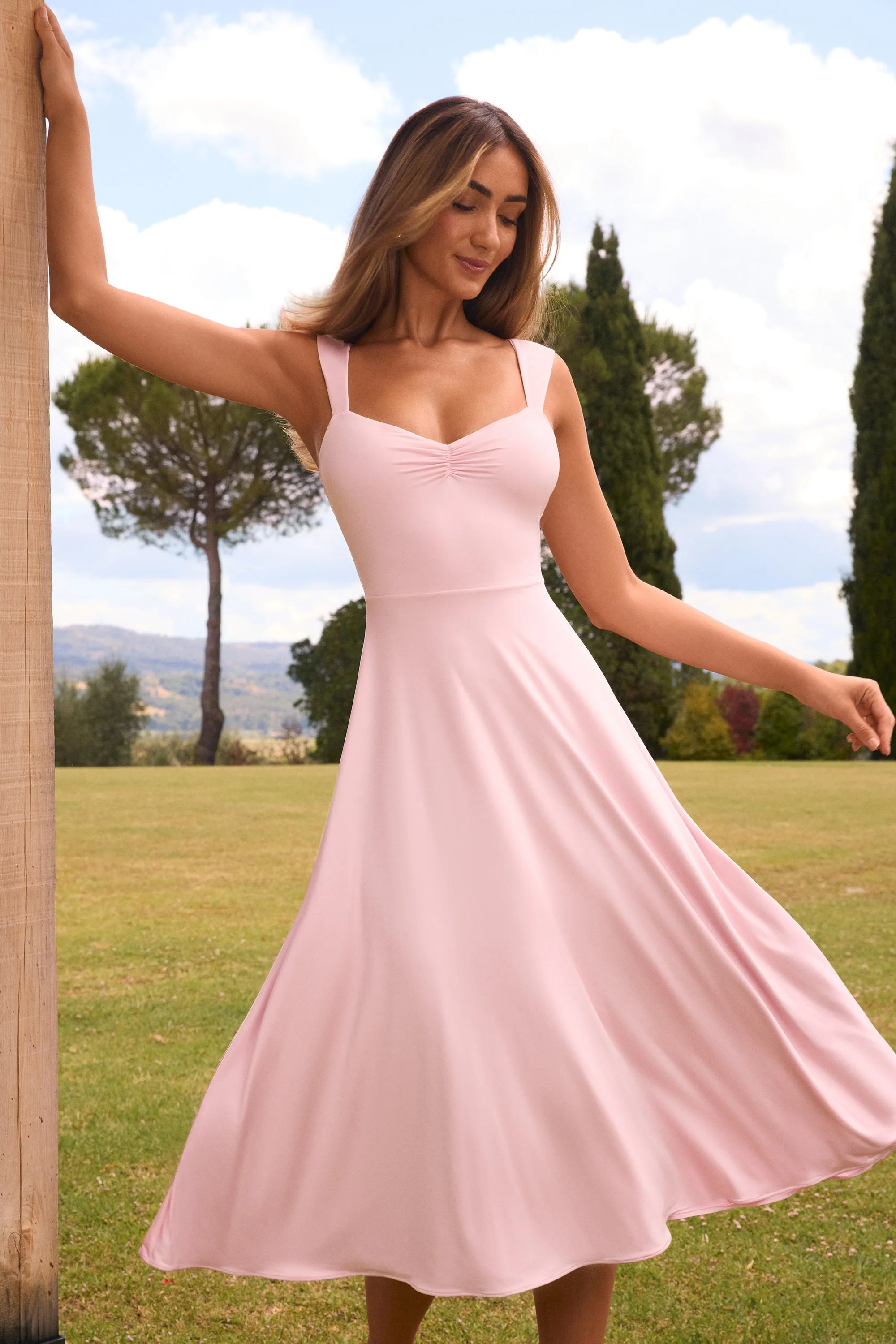 Sweetheart-Neck Ruched Midaxi Dress in Blush sold by Oh Polly