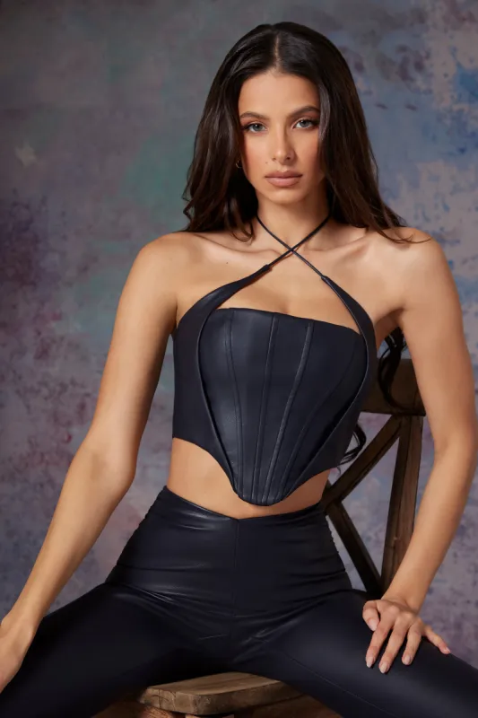Vegan Leather Corset Crop Top in Midnight Black sold by Oh Polly
