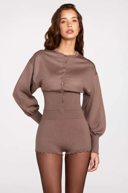 Knit Long-Sleeve Cardigan in Mocha sold by Oh Polly
