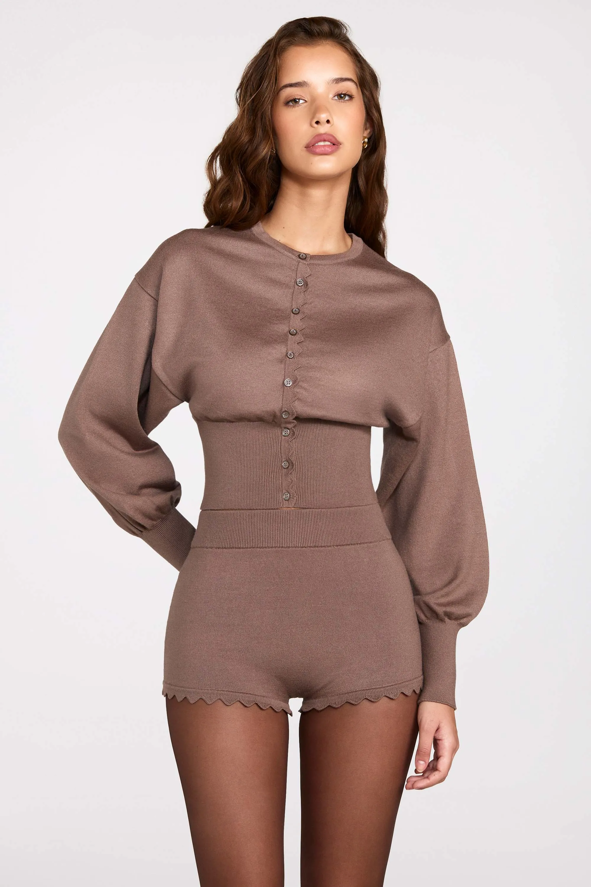 Knit Long-Sleeve Cardigan in Mocha sold by Oh Polly