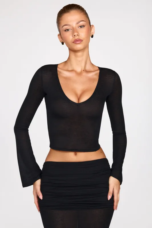 Sheer Jersey Plunge Long-Sleeve Top in Black sold by Oh Polly