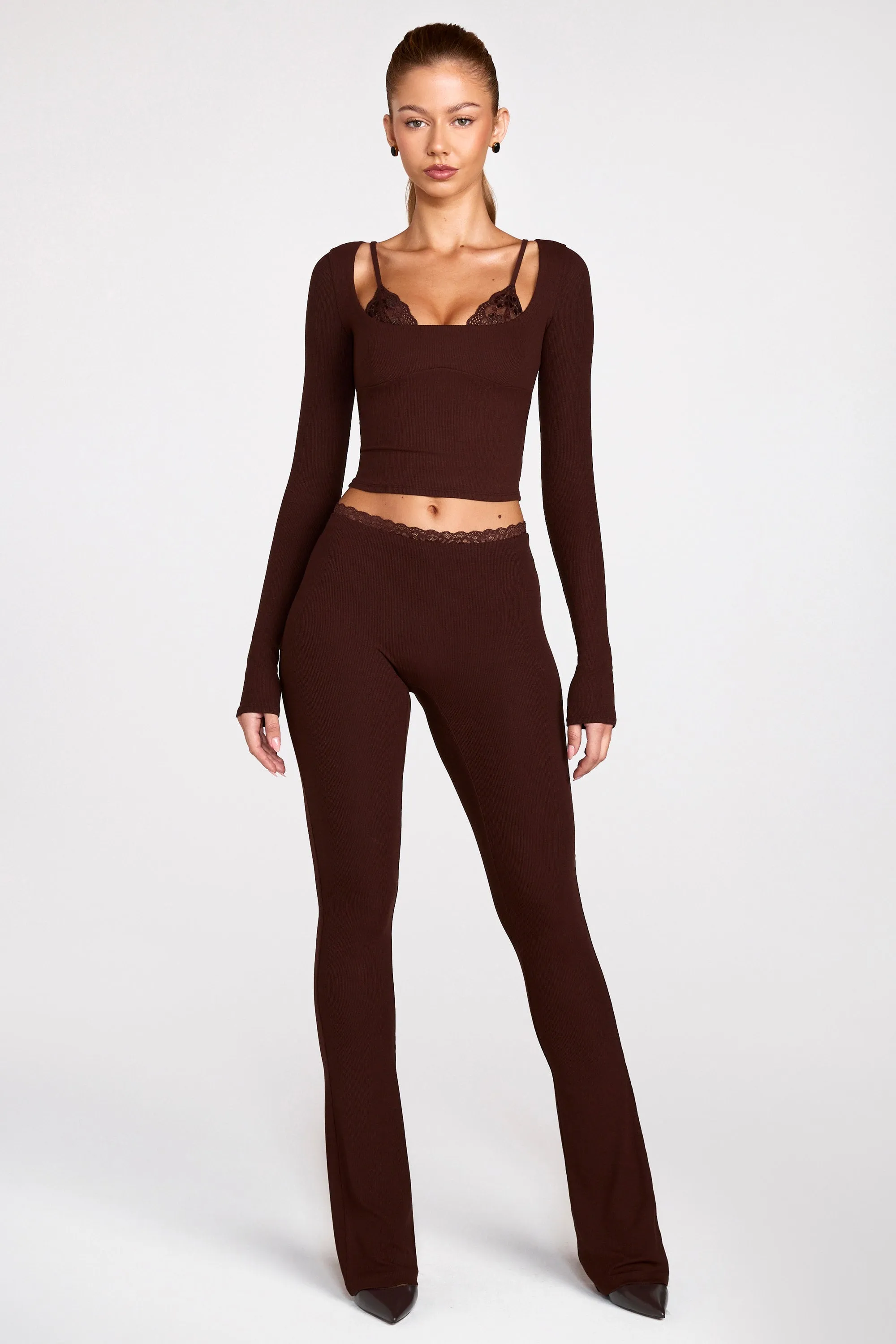 Modal Mid-Rise Flared Trousers in Chocolate Brown sold by Oh Polly product image thumbnail 5