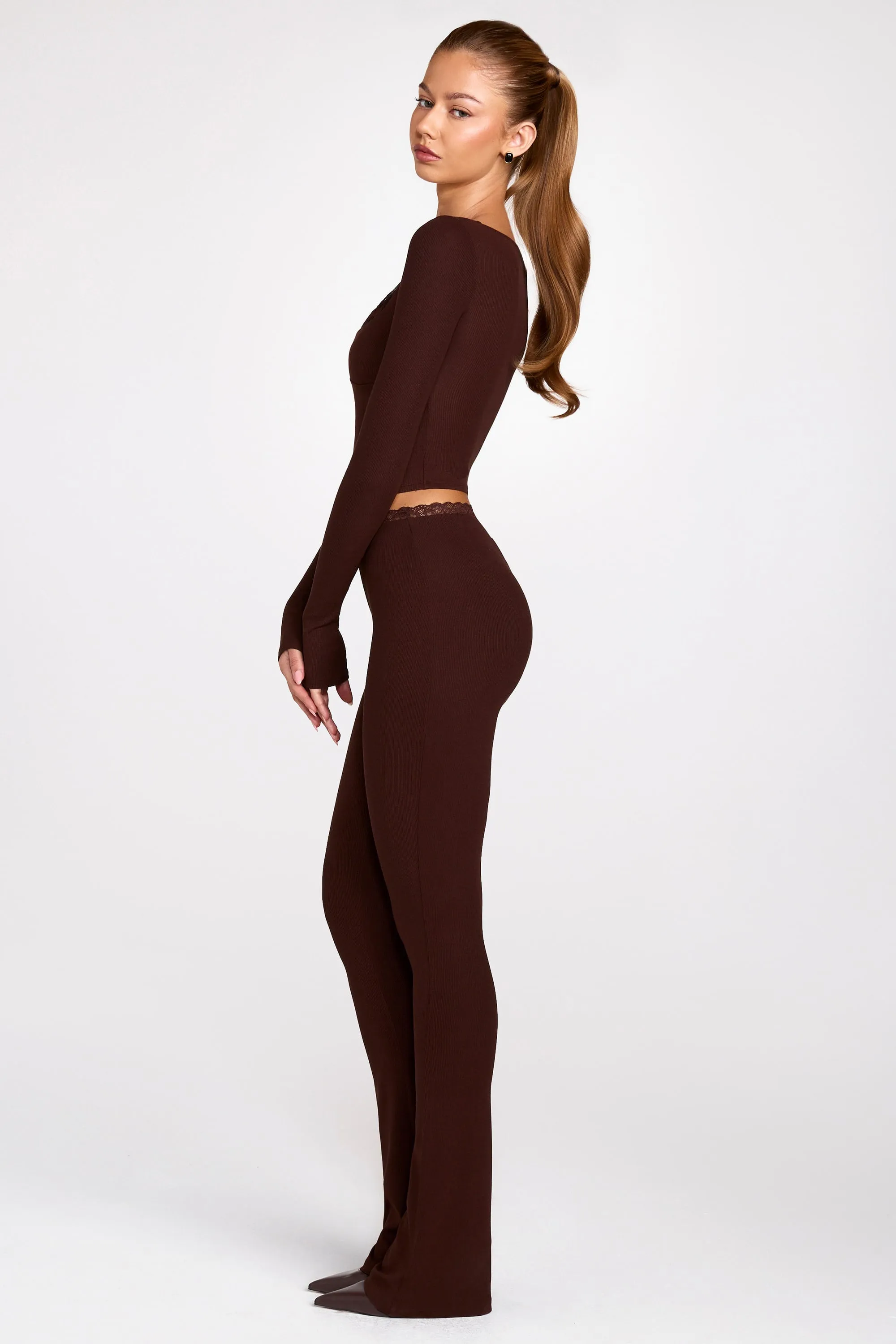 Modal Mid-Rise Flared Trousers in Chocolate Brown sold by Oh Polly product image thumbnail 4