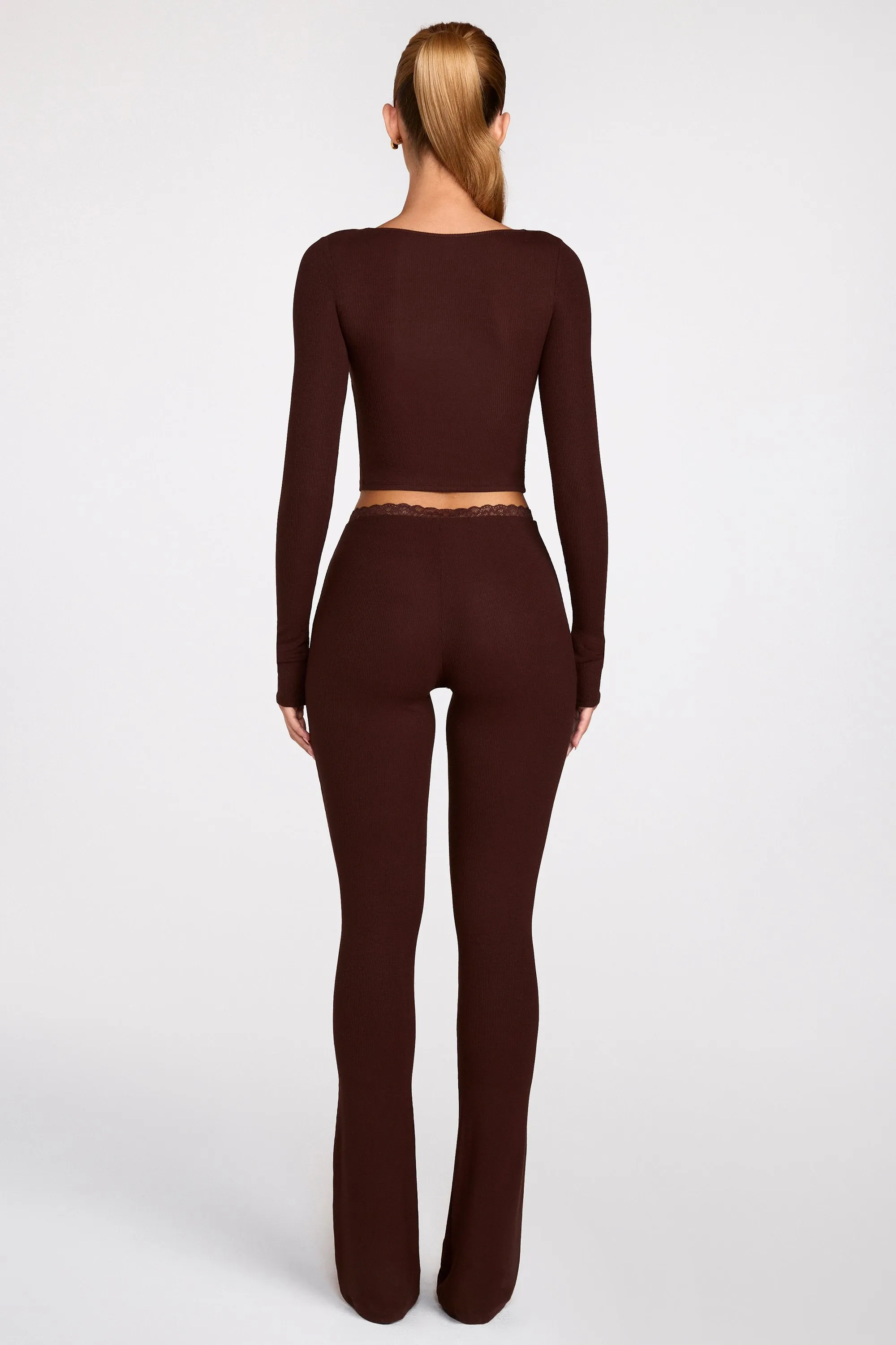 Modal Mid-Rise Flared Trousers in Chocolate Brown sold by Oh Polly product image thumbnail 3