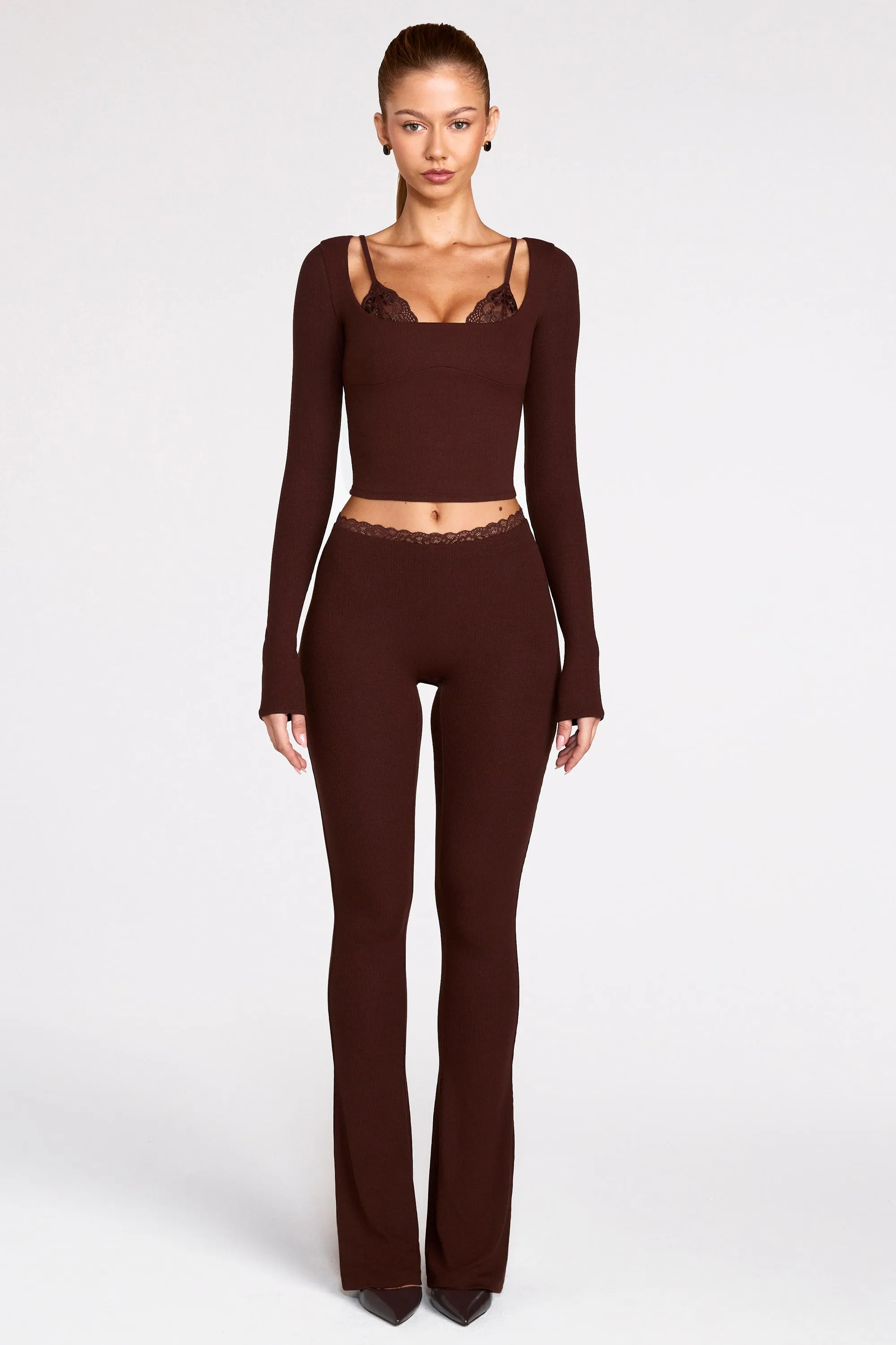 Modal Mid-Rise Flared Trousers in Chocolate Brown sold by Oh Polly