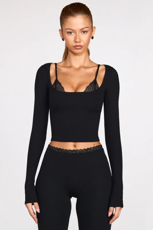 Ribbed Modal Long-Sleeve Laced Bra Top in Black sold by Oh Polly