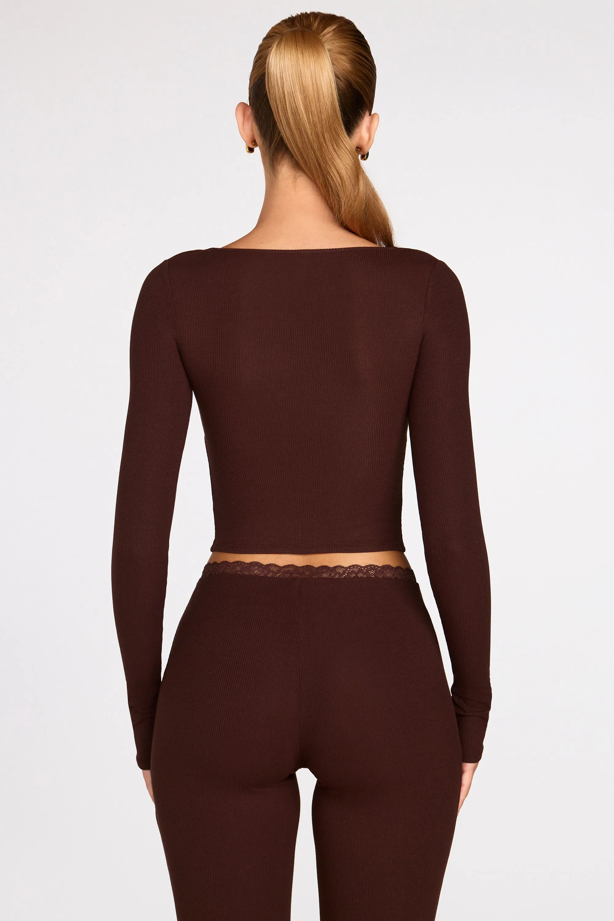 Ribbed Modal Long-Sleeve Laced Bra Top in Chocolate Brown sold by Oh Polly product image thumbnail 3