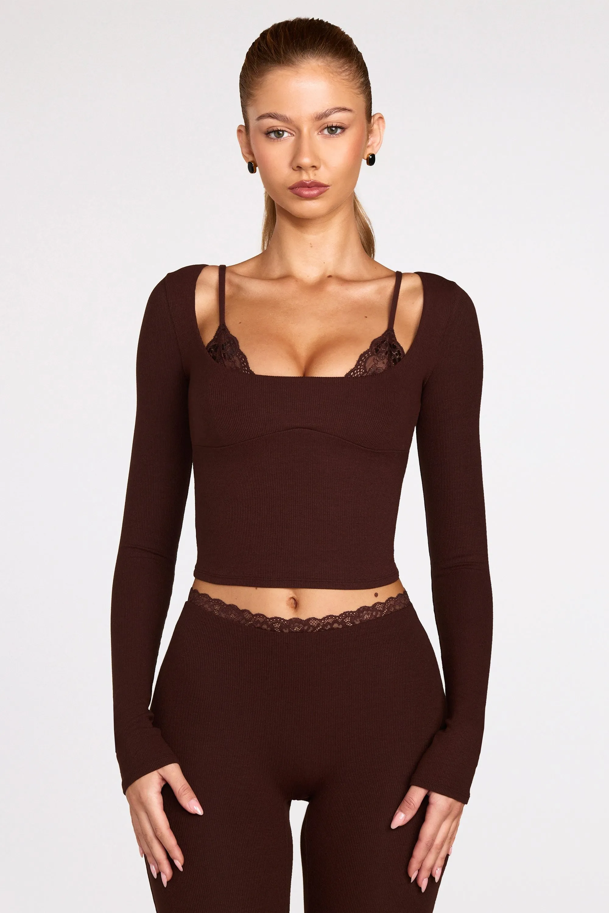 Ribbed Modal Long-Sleeve Laced Bra Top in Chocolate Brown sold by Oh Polly