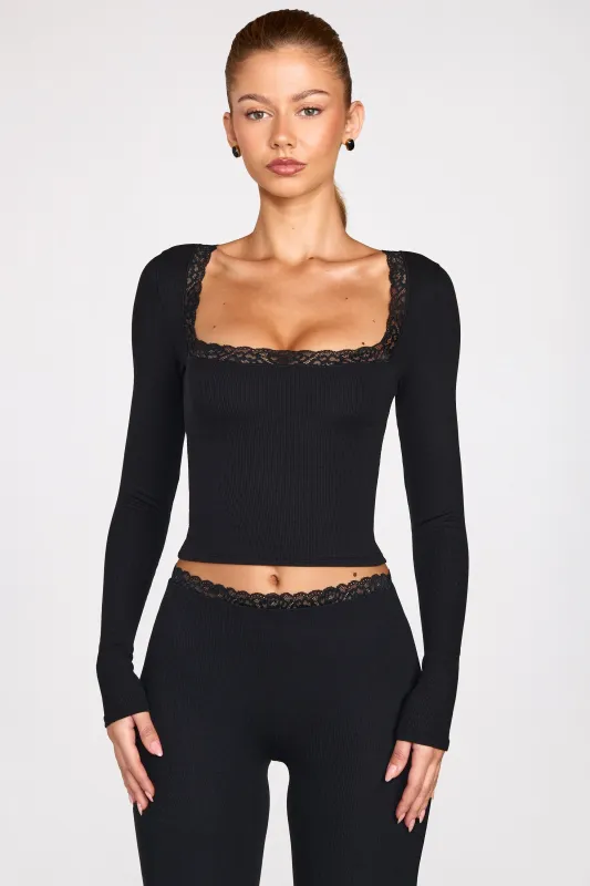 Ribbed Modal Square-Neck Long-Sleeve Top in Black made by Oh Polly