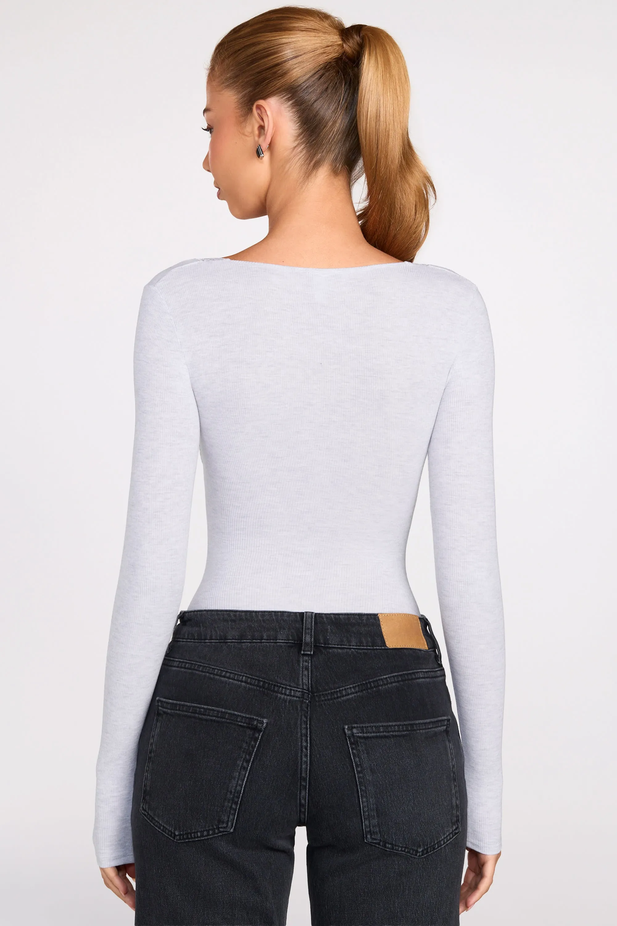 Ribbed Modal Long-Sleeve Plunge Bodysuit in Grey sold by Oh Polly product image thumbnail 3