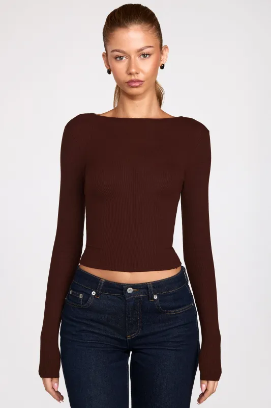 Ribbed Modal Ruched Long-Sleeve Top in Chocolate Brown made by Oh Polly