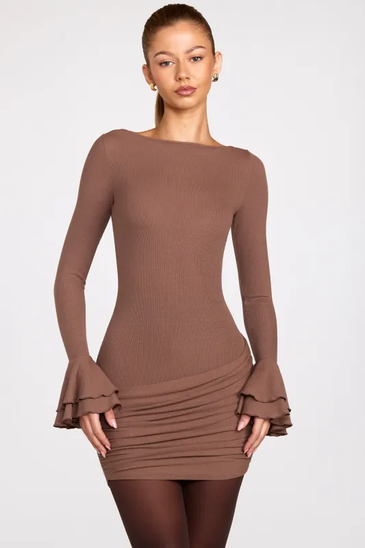 Ribbed Modal Long-Sleeve Draped Mini Dress in Mocha made by Oh Polly