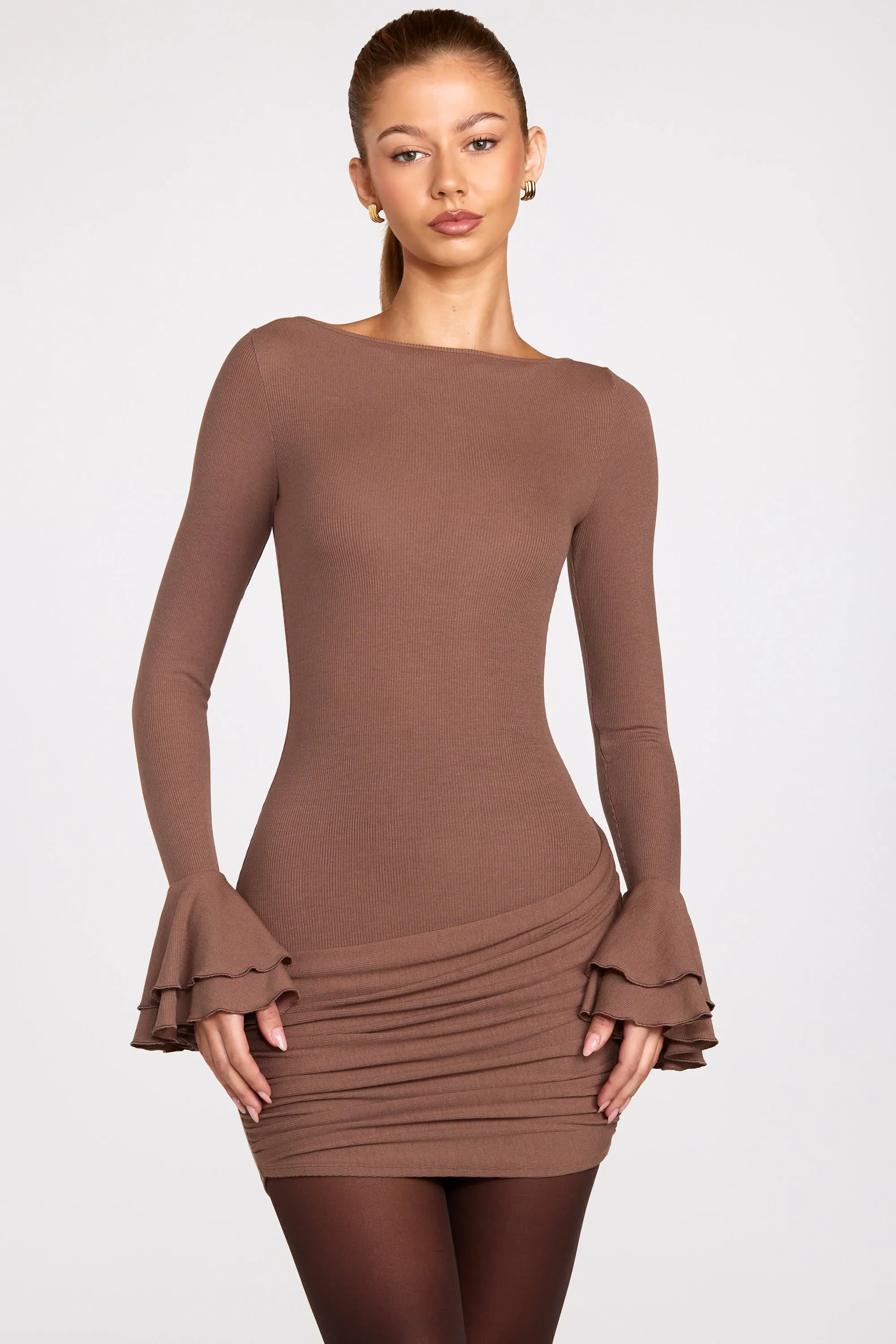 Ribbed Modal Long-Sleeve Draped Mini Dress in Mocha sold by Oh Polly