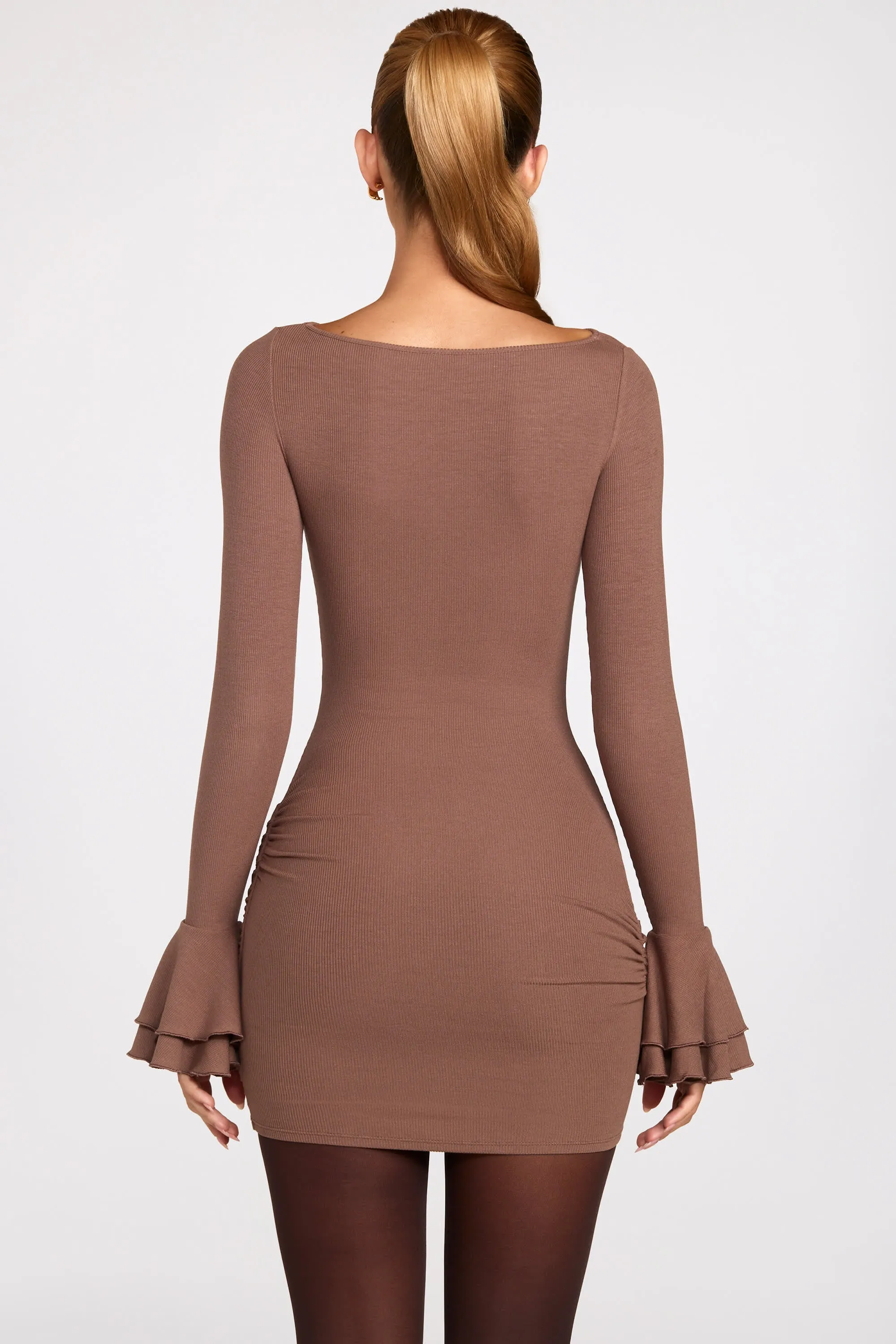 Ribbed Modal Long-Sleeve Draped Mini Dress in Mocha sold by Oh Polly product image thumbnail 3