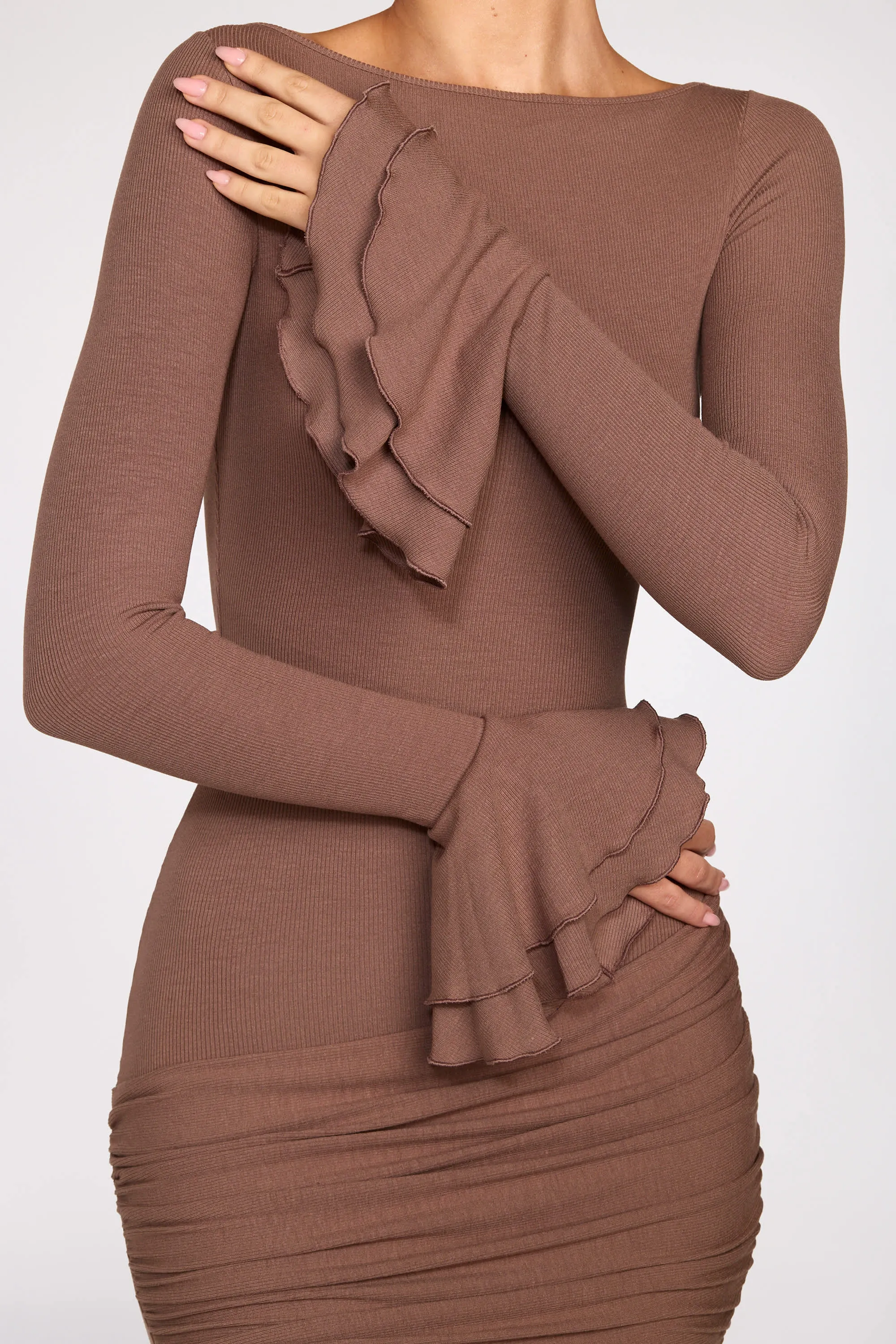 Ribbed Modal Long-Sleeve Draped Mini Dress in Mocha sold by Oh Polly product image thumbnail 2