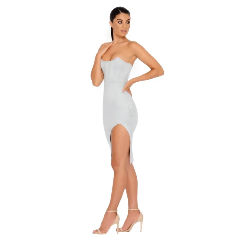 Bust A Move Corset Knee-Length Suede Dress in Grey sold by Oh Polly