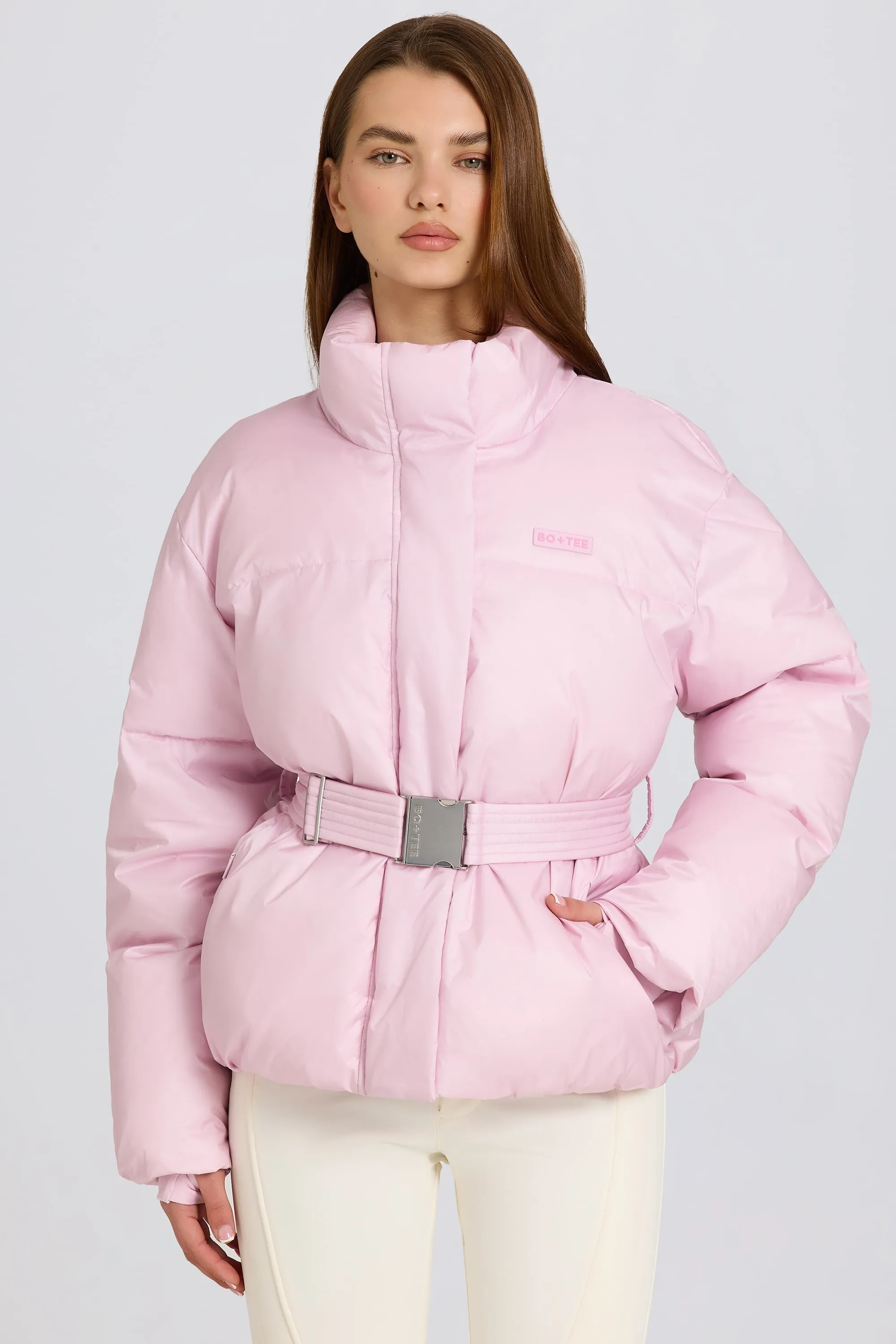 Waterproof Belted Oversized Ski Jacket in Powder Pink sold by Oh Polly