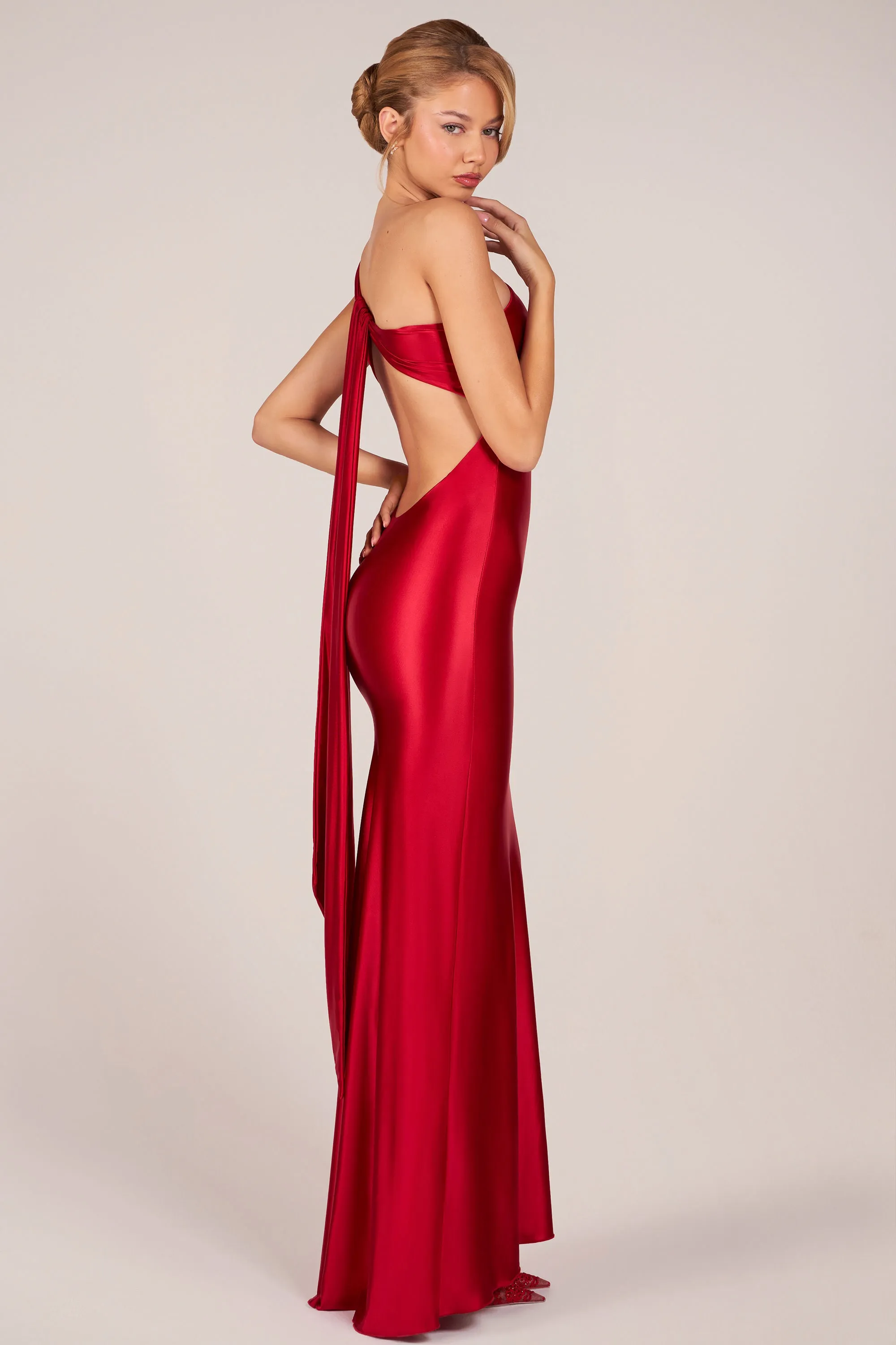 Asymmetric Tie-Back Gown in Cherry sold by Oh Polly product image thumbnail 4