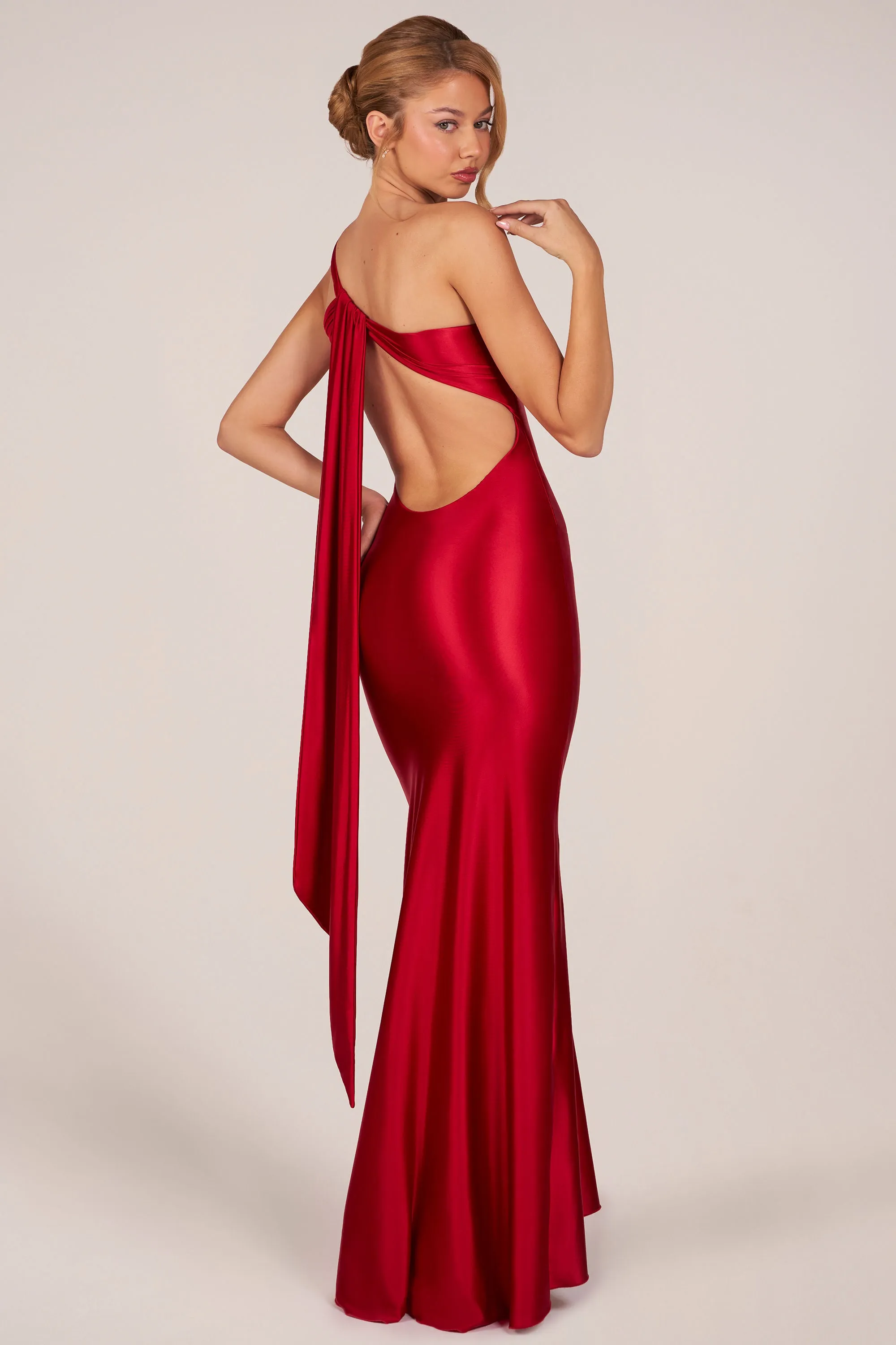 Asymmetric Tie-Back Gown in Cherry sold by Oh Polly