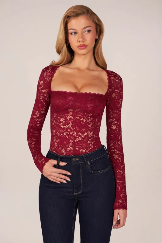 Long-Sleeve Laced Bodysuit in Cherry Red sold by Oh Polly