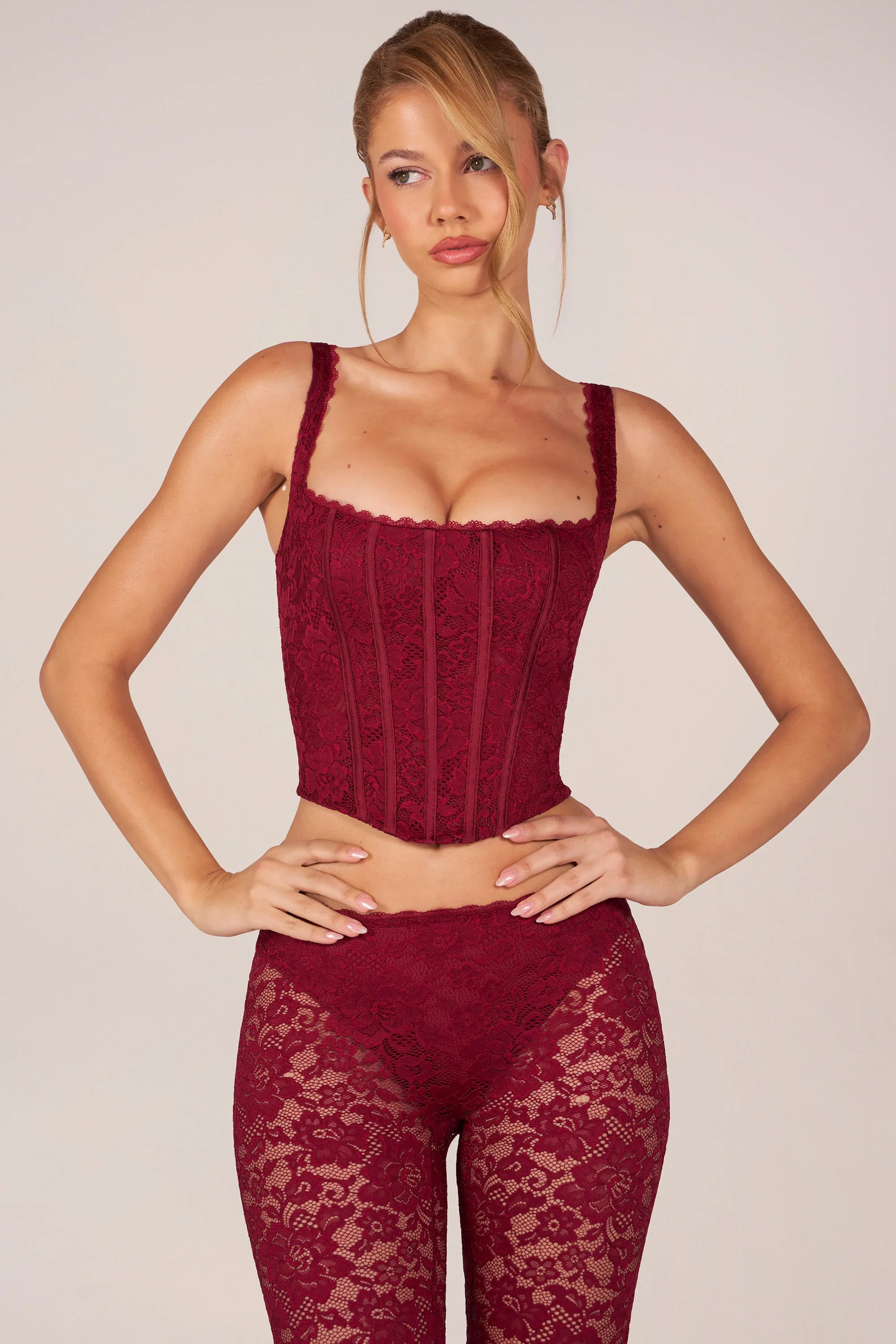 Lace-Up Corset Top in Cherry Red sold by Oh Polly