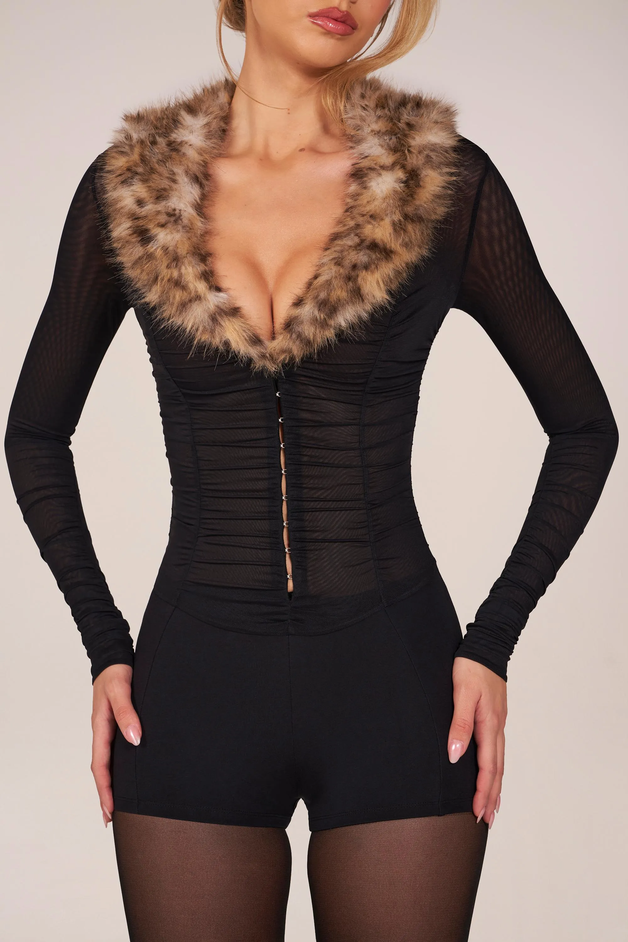 Faux Fur-Trim Playsuit in Black sold by Oh Polly product image thumbnail 2