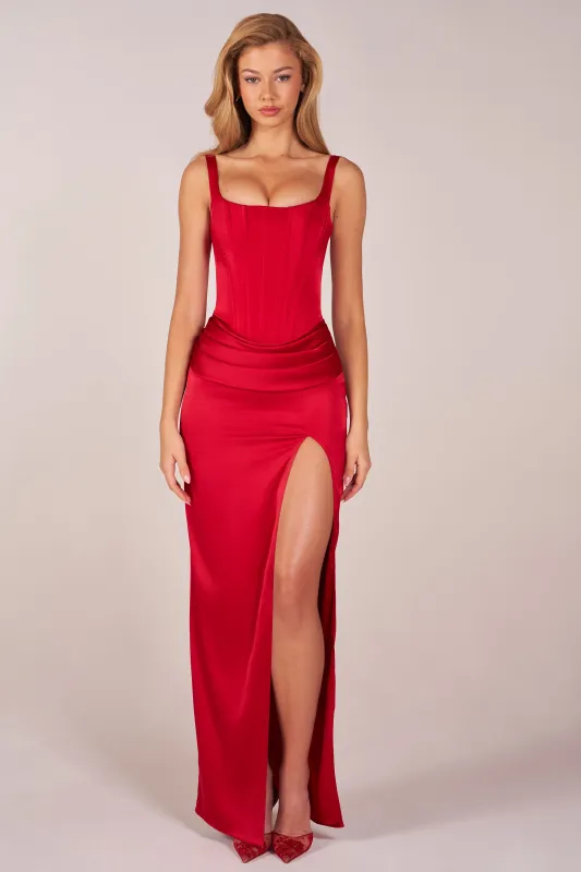 Corseted Thigh-High Split Maxi Dress in Rose Red sold by Oh Polly