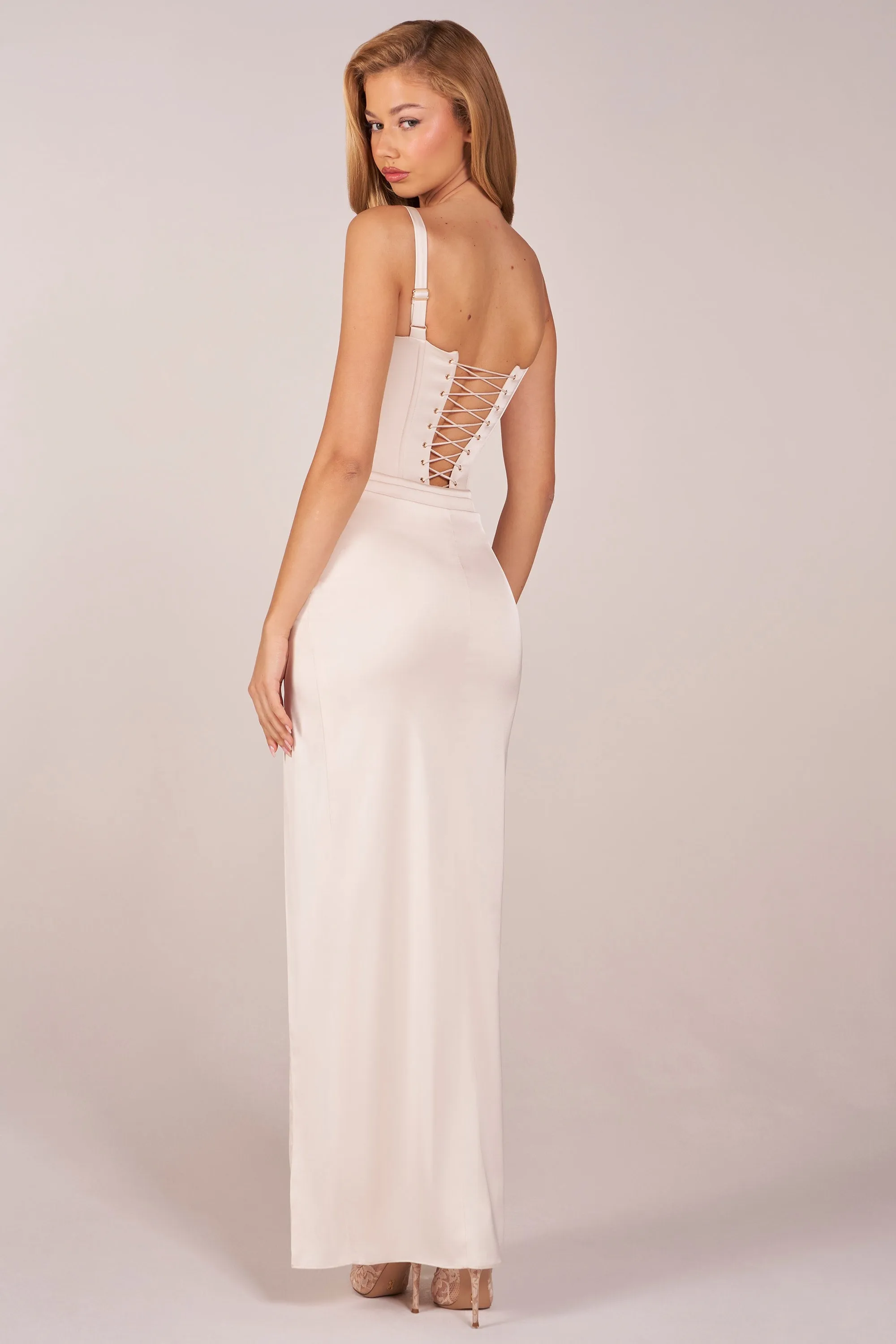 Corseted Thigh-High Split Maxi Dress in Pearl sold by Oh Polly product image thumbnail 2