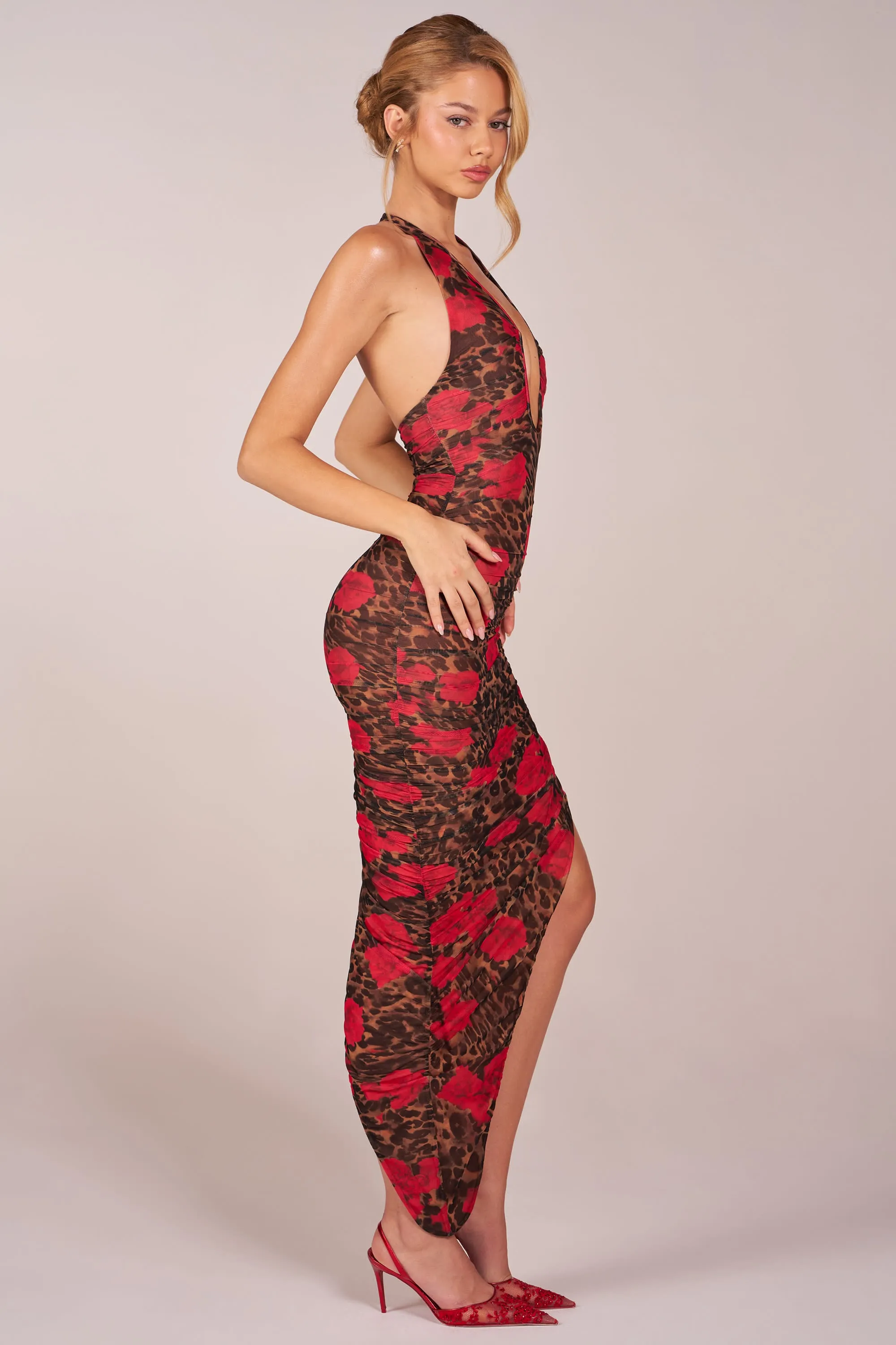 Halterneck Split Hem Midaxi Dress in Rose Leopard Print sold by Oh Polly product image thumbnail 4