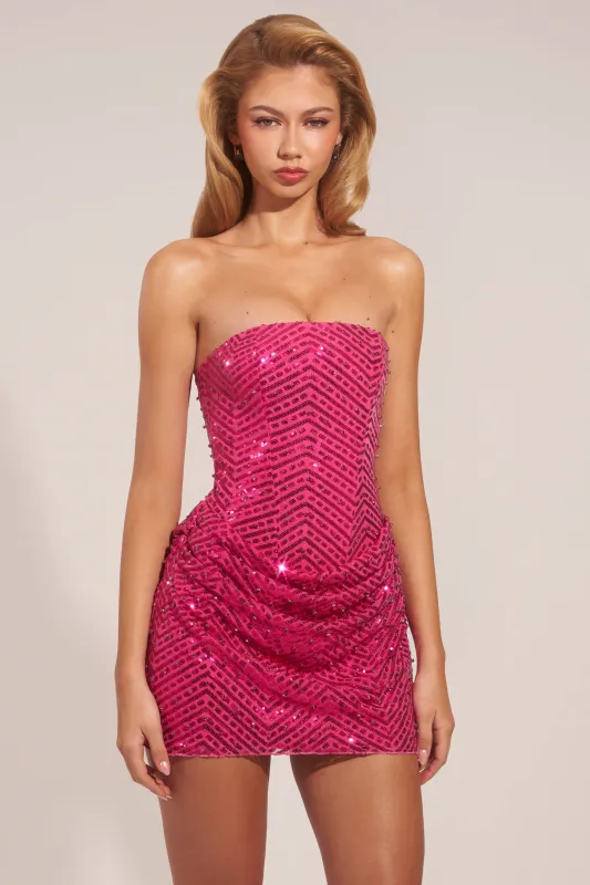 Embellished Draped Strapless A-Line Mini Dress in Hot Pink sold by Oh Polly