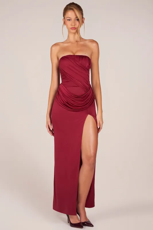 Bandeau Draped Thigh-High Maxi Dress in Cherry Red sold by Oh Polly