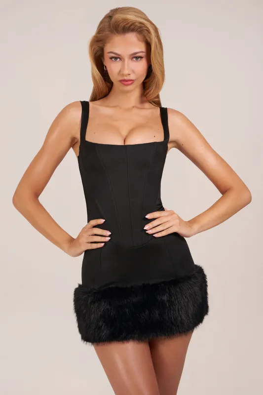 Satin Square-Neck Corset Faux-Fur Mini Dress in Black made by Oh Polly
