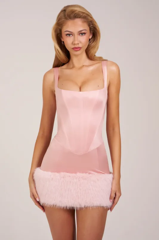 Satin Square-Neck Corset Faux-Fur Mini Dress in Blush Pink made by Oh Polly