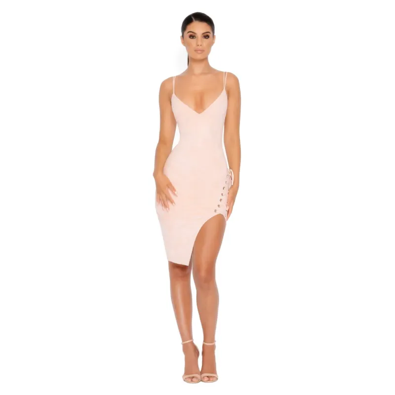 Won't Tie Me Down Suede Knee Length Dress in Blush sold by Oh Polly