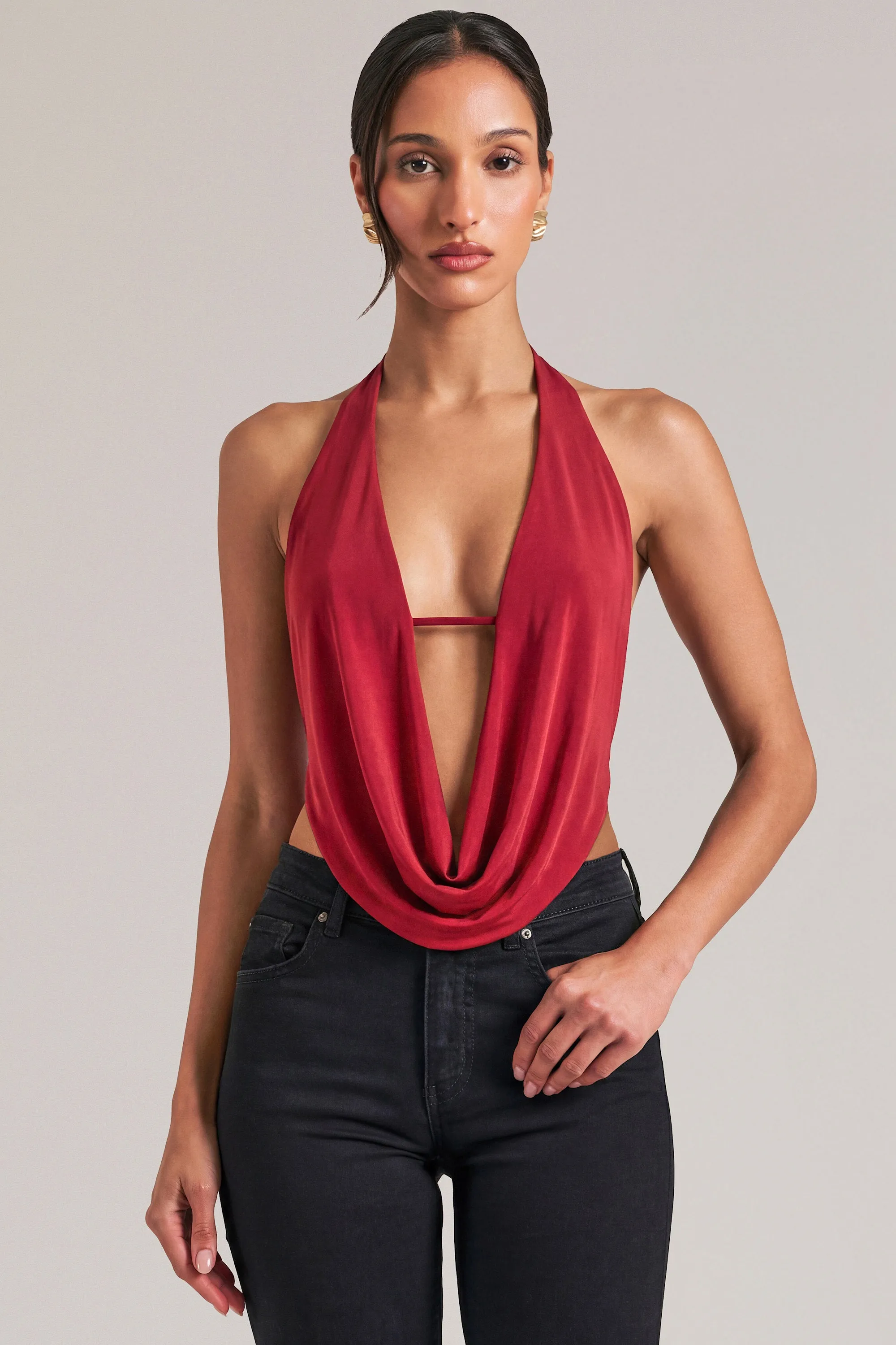 Draped Cowl Top in Cherry Red sold by Oh Polly