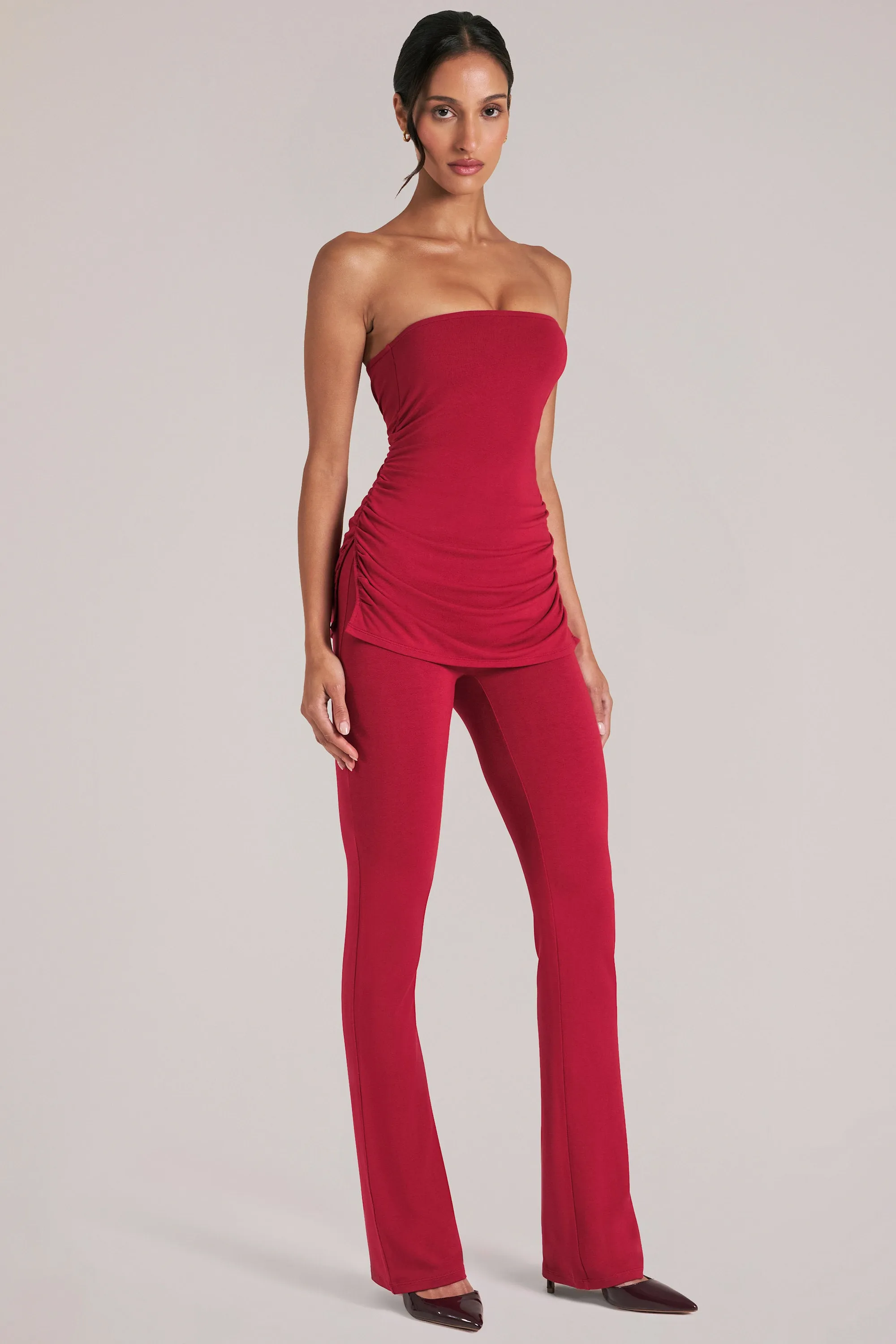 Mid-Rise Fitted Trousers in Cherry Red sold by Oh Polly