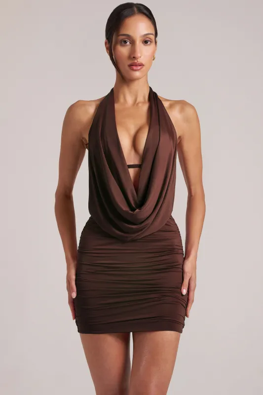 Draped Cowl Mini Dress in Chocolate Brown sold by Oh Polly