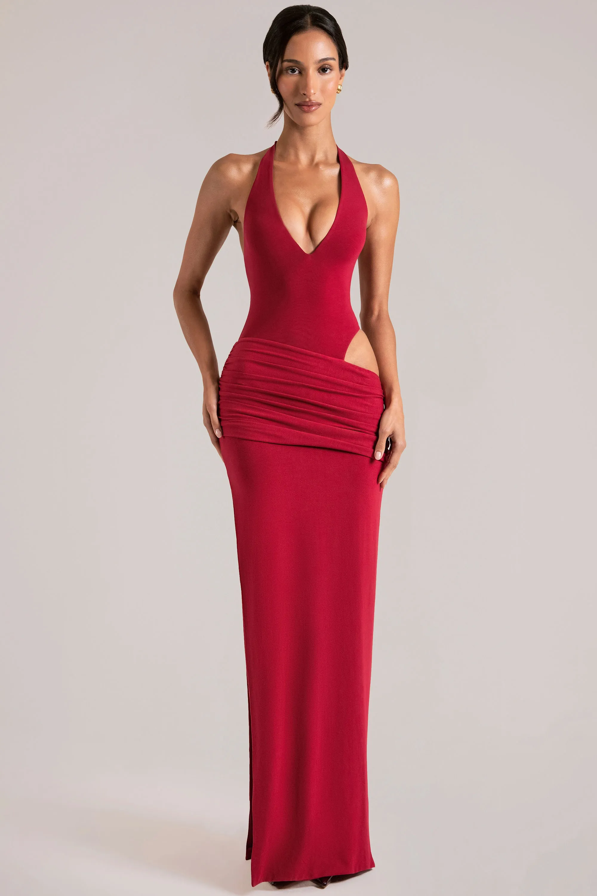 Deep Plunge Halterneck Maxi Dress in Cherry Red sold by Oh Polly