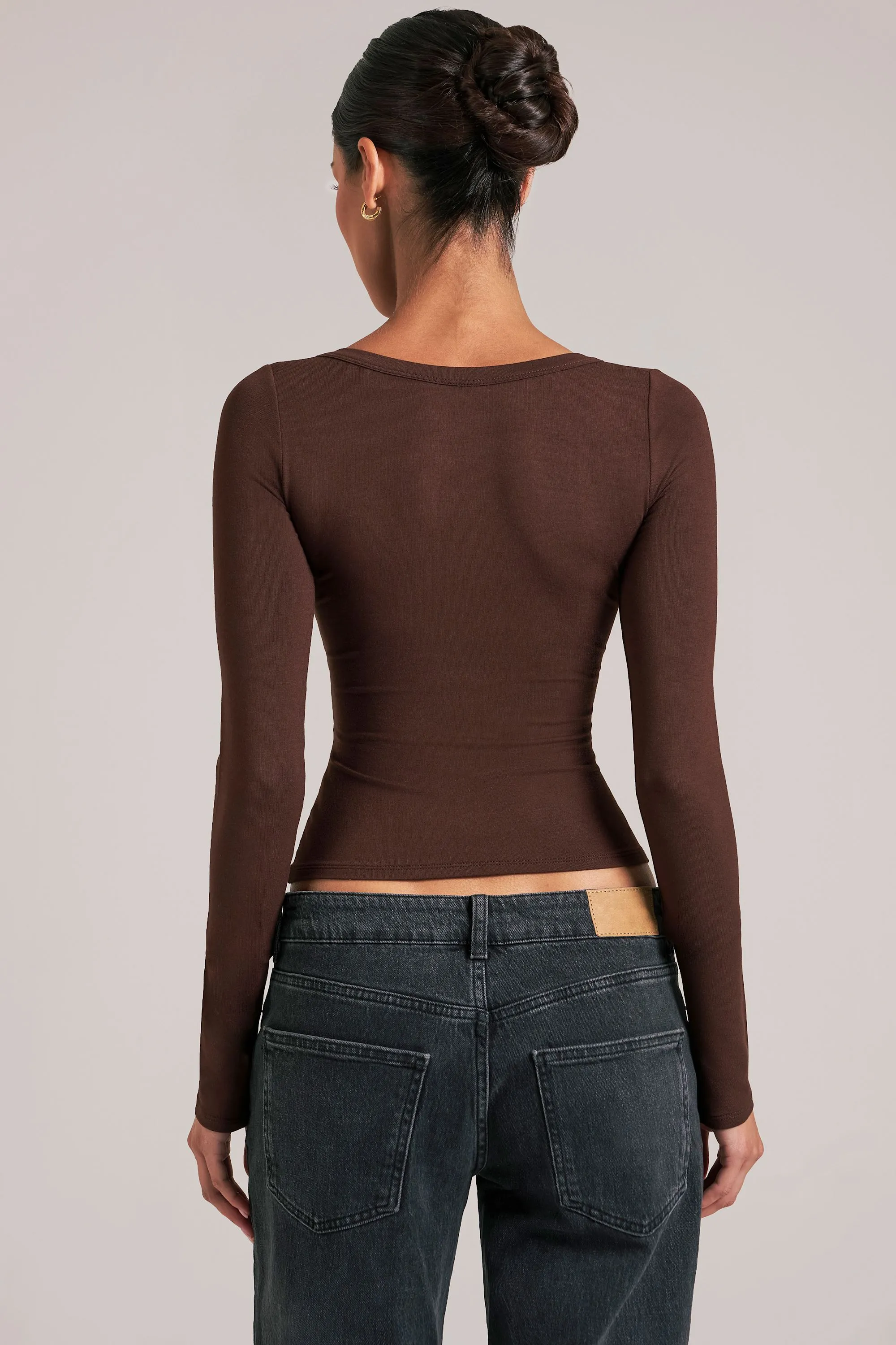 V-Neck Long-Sleeve Top in Chocolate Brown sold by Oh Polly product image thumbnail 2