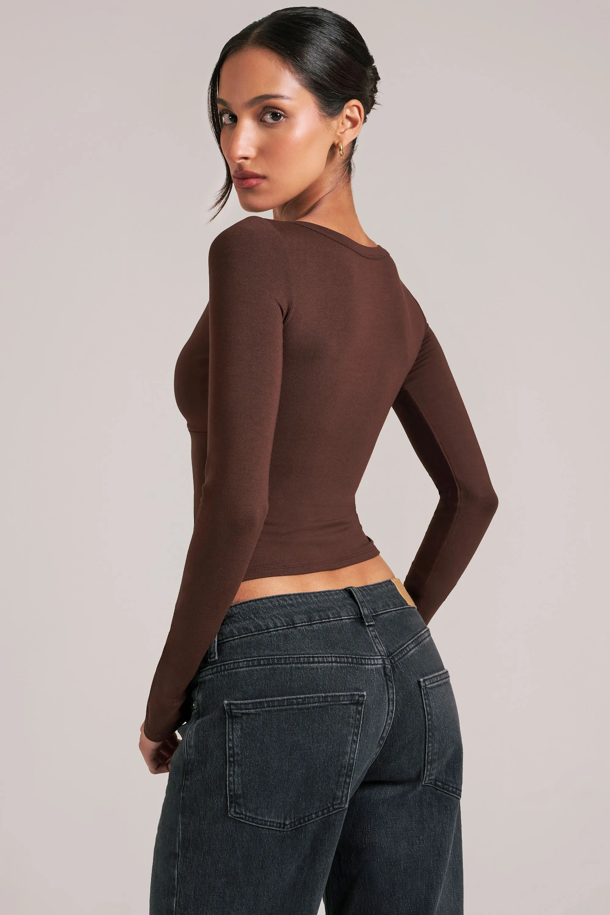 V-Neck Long-Sleeve Top in Chocolate Brown sold by Oh Polly product image thumbnail 5