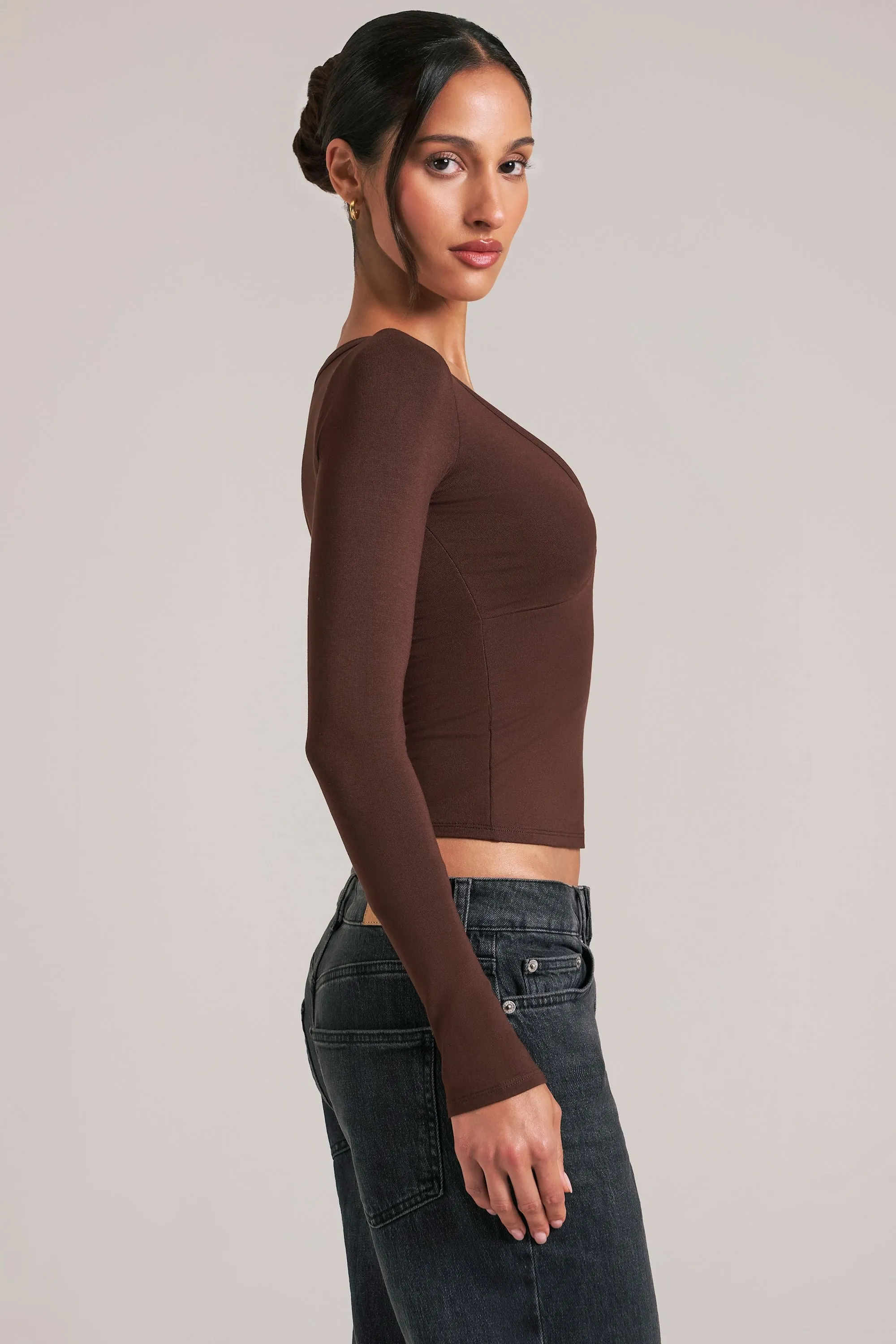 V-Neck Long-Sleeve Top in Chocolate Brown sold by Oh Polly product image thumbnail 3