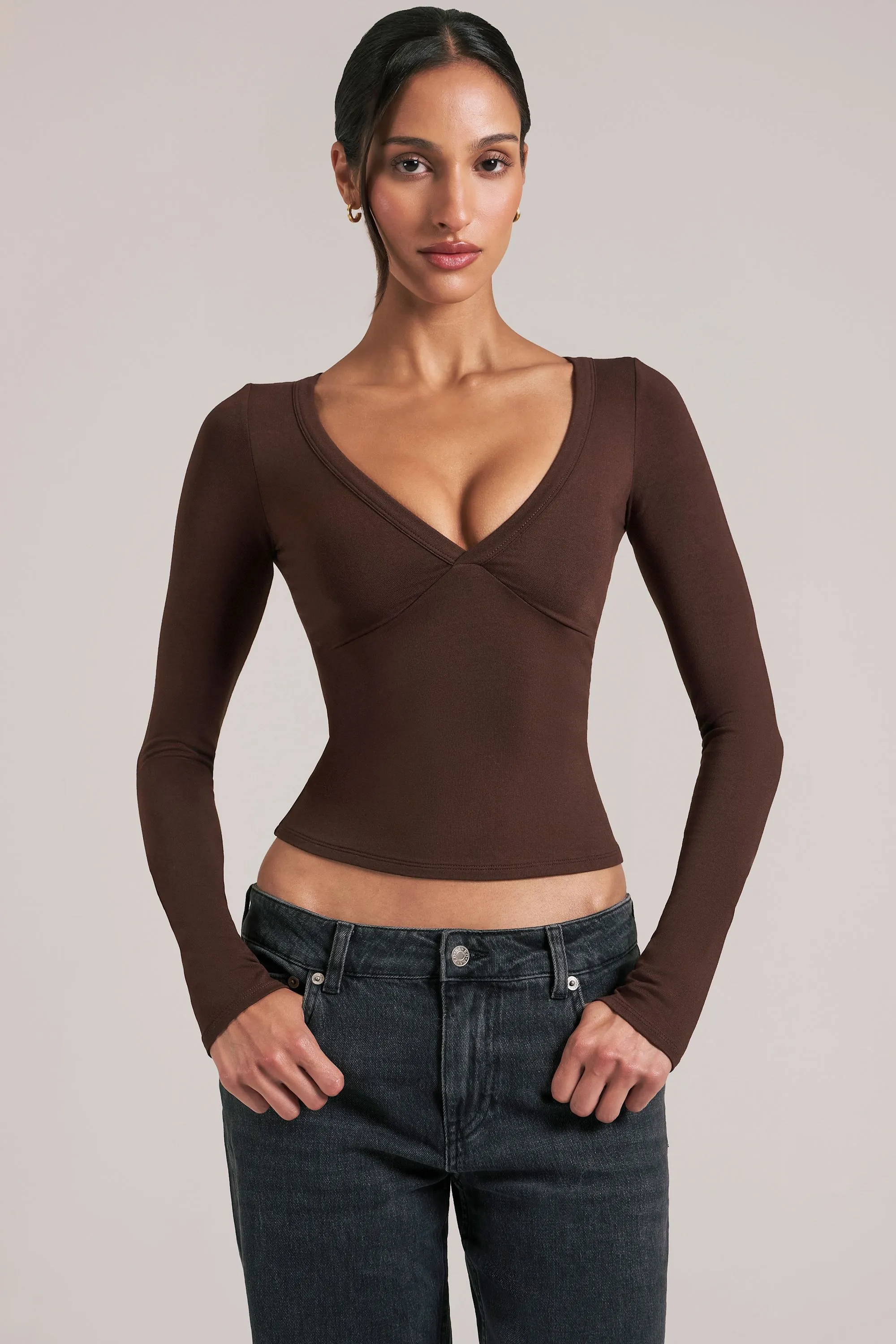 V-Neck Long-Sleeve Top in Chocolate Brown sold by Oh Polly